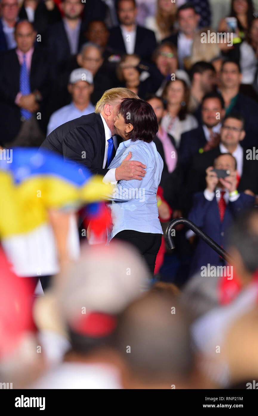 Miami, FL, USA. 12th Feb, 2019. U.S. President Donald J. Trump greets Aminta Perez, whose son Oscar Perez was killed by the Venezuelan military, during a rally to a crowd of Venezuelan American Community at Florida International University - Ocean Bank Convocation Center on February 18, 2019 in Miami, Florida. Credit: Mpi10/Media Punch/Alamy Live News Stock Photo