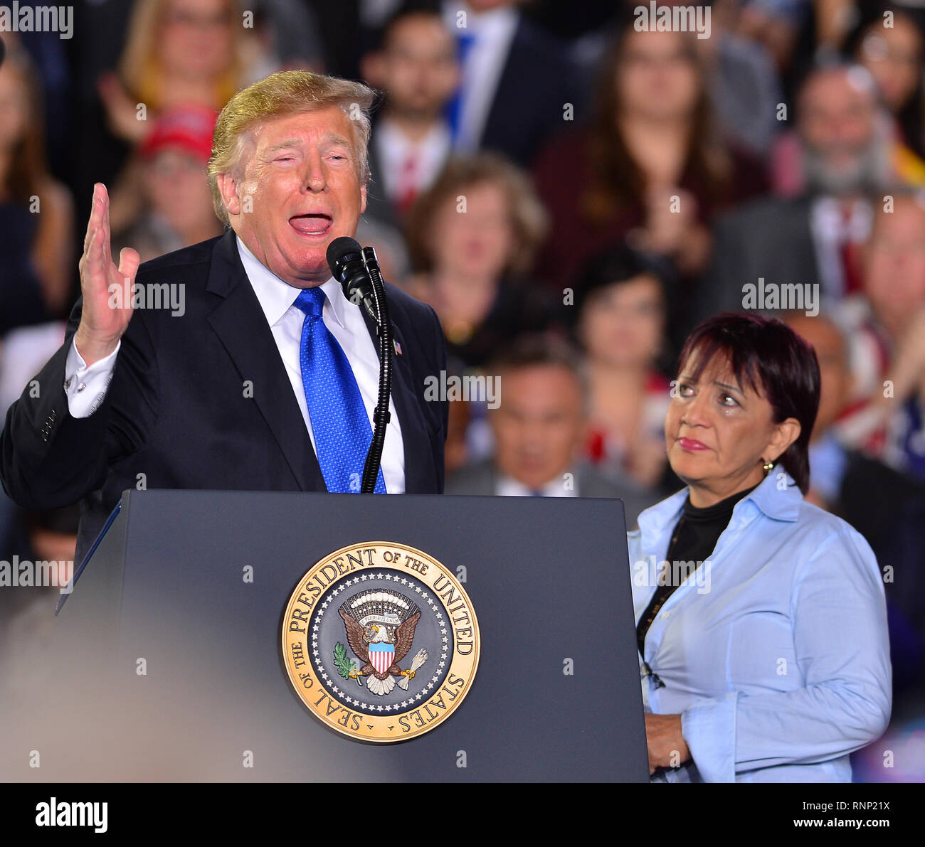 Miami, FL, USA. 12th Feb, 2019. U.S. President Donald J. Trump greets Aminta Perez, whose son Oscar Perez was killed by the Venezuelan military, during a rally to a crowd of Venezuelan American Community at Florida International University - Ocean Bank Convocation Center on February 18, 2019 in Miami, Florida. Credit: Mpi10/Media Punch/Alamy Live News Stock Photo