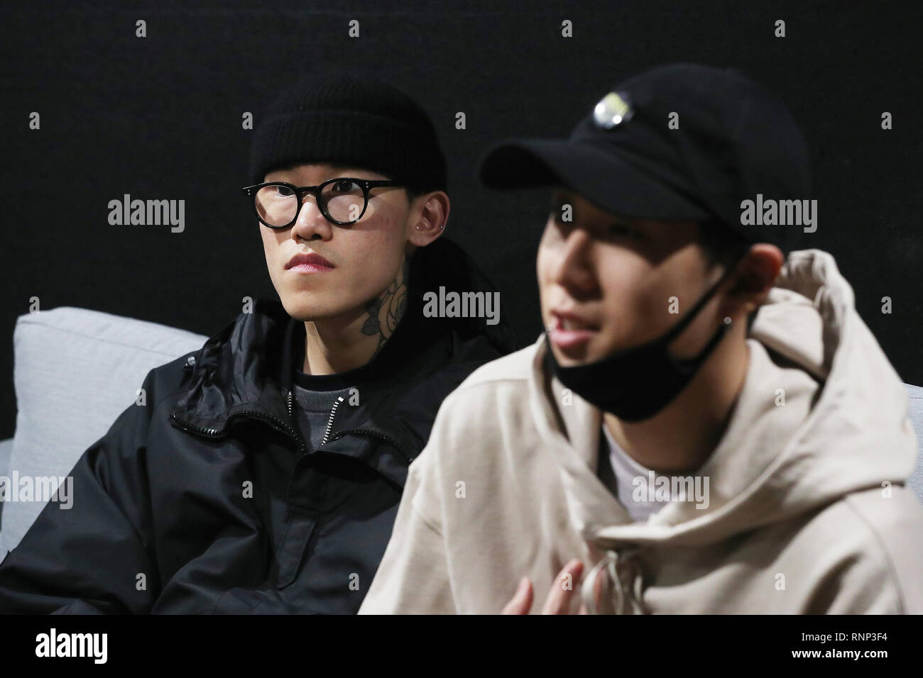 20th Feb, 2019. Hip-hop duo XXX South Korean hip-hop duo FRNK (R) and Kim  Ximya give an interview to Yonhap News Agency at a studio in western Seoul  on Feb. 20, 2019.