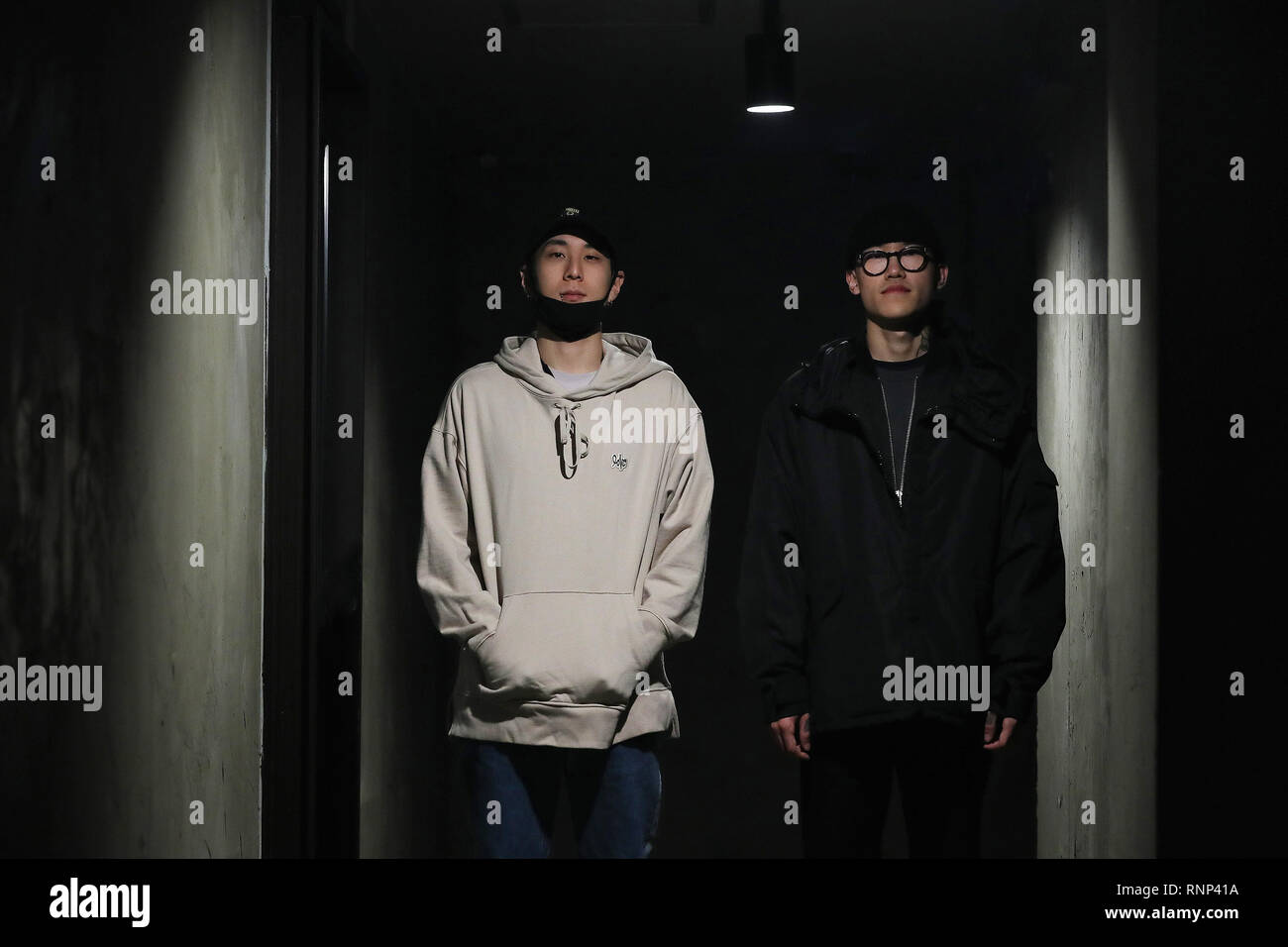 20th Feb, 2019. S. Korean Hip-hop duo XXX South Korean hip-hop duo FRNK (L)  and Kim Ximya pose for a photo before an interview with Yonhap News Agency  at a studio in