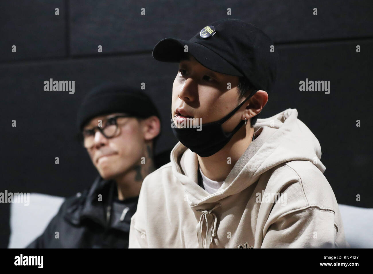 20th Feb, 2019. S. Korean Hip-hop duo XXX South Korean hip-hop duo FRNK (R)  and Kim Ximya hold an interview with Yonhap News Agency at a studio in  western Seoul on Feb.