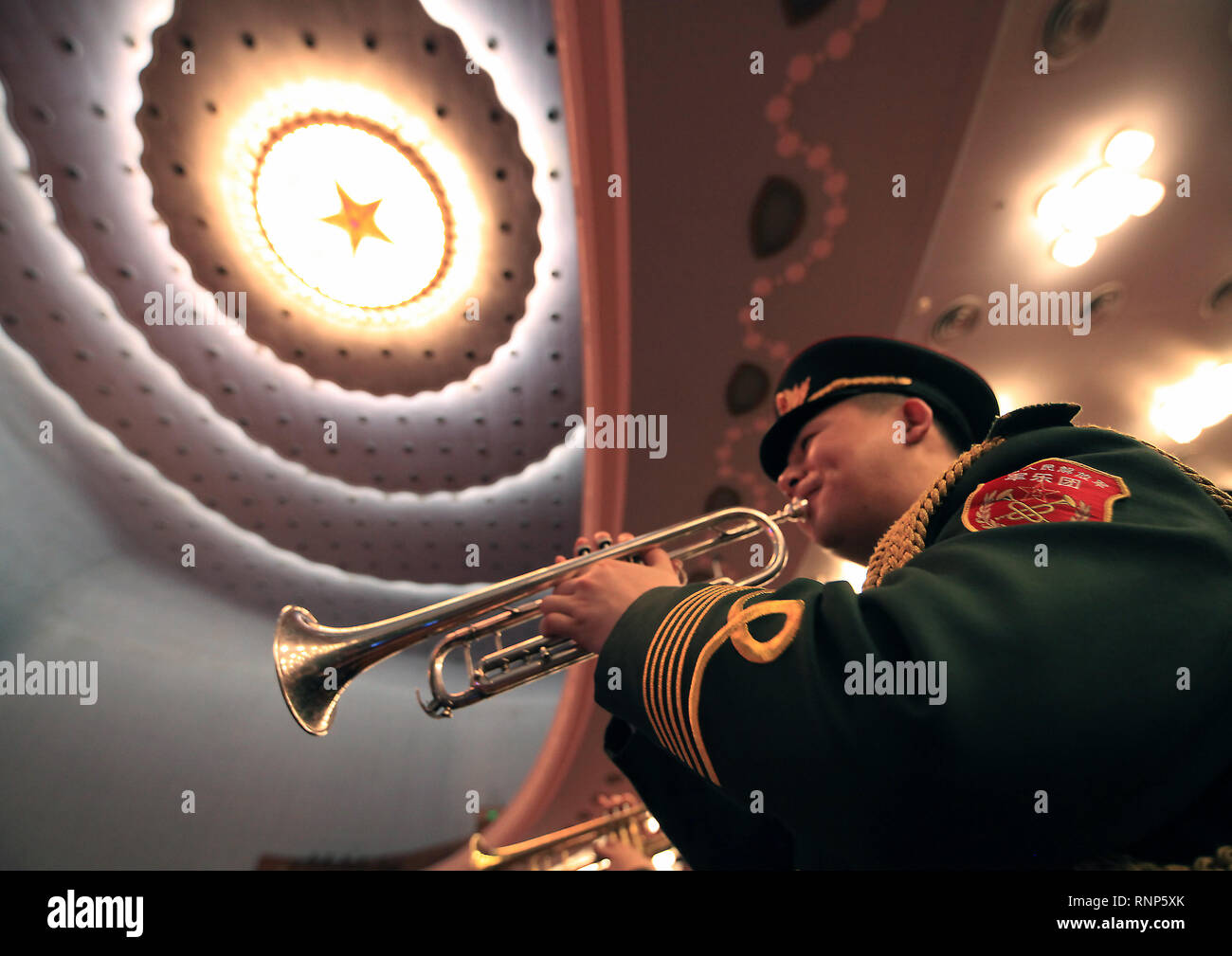 Beijing, China. 20th Mar, 2018. China's national military band plays the national anthem before Chinese President Xi Jinping delivers a speech to China's government delegates during the closing session of the National People's Congress (NPC) in the Great Hall of the People in Beijing on March 20, 2018. Xi delivered a fervently nationalistic speech to the congress, painting China as the rising global power. Credit: Todd Lee/ZUMA Wire/ZUMAPRESS.com/Alamy Live News Stock Photo