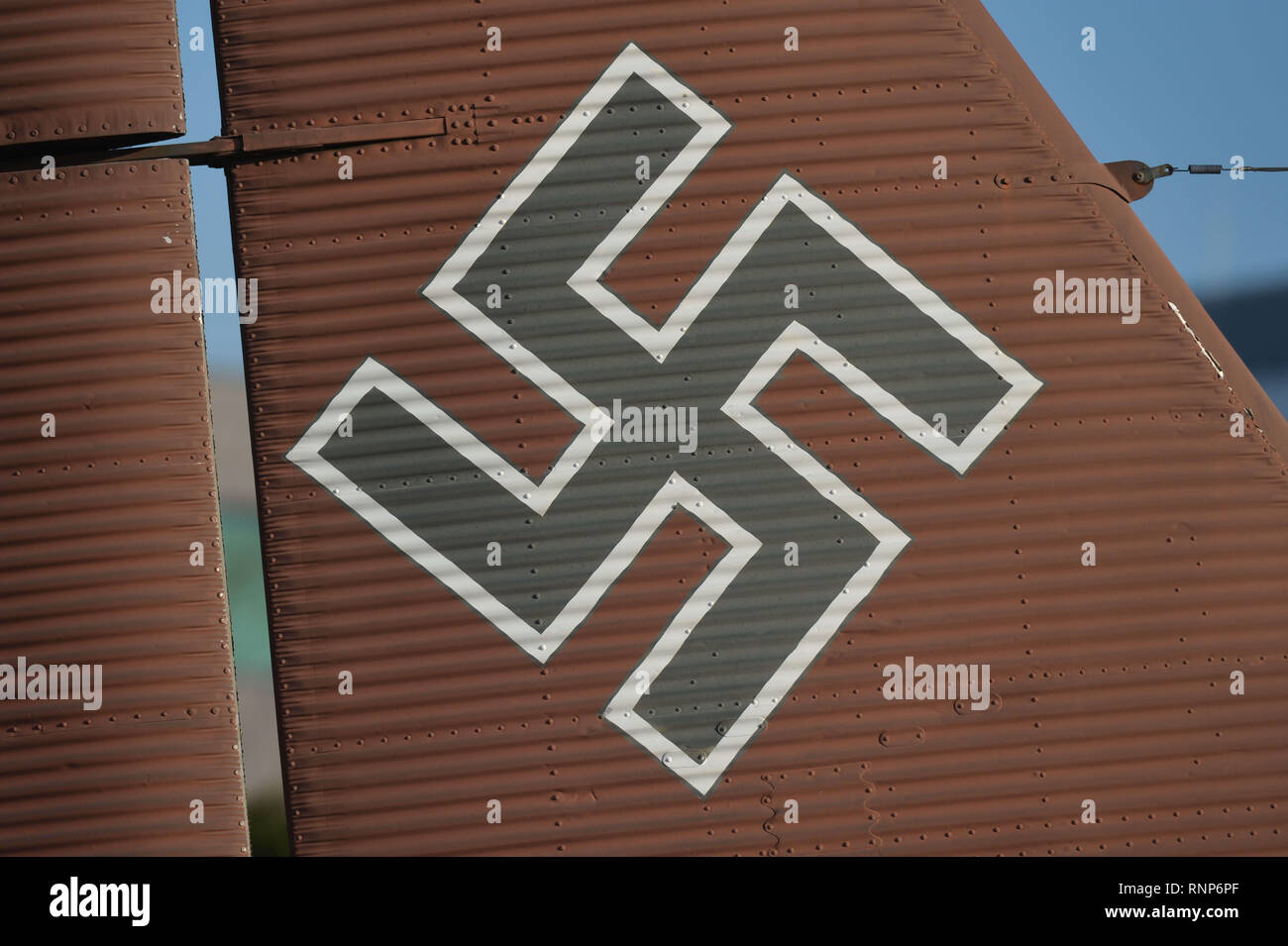 February 19, 2019 - Krakow, Malopolski Province, Poland - The Balkenkreuz, a straight-armed cross insignia seen painted on the Junkers Ju 52 at the Polish Aviation Museum..The Polish Aviation Museum is located at the site of the former Krakow-Rakowice-Czyzyny Airport, established in 1912, one of the oldest in the world. The Museum collection consists of over 200 aircraft, dating WW1, WW2 and a collection of all airplane types developed or used by Poland after 1945. (Credit Image: © Cezary Kowalski/SOPA Images via ZUMA Wire) Stock Photo