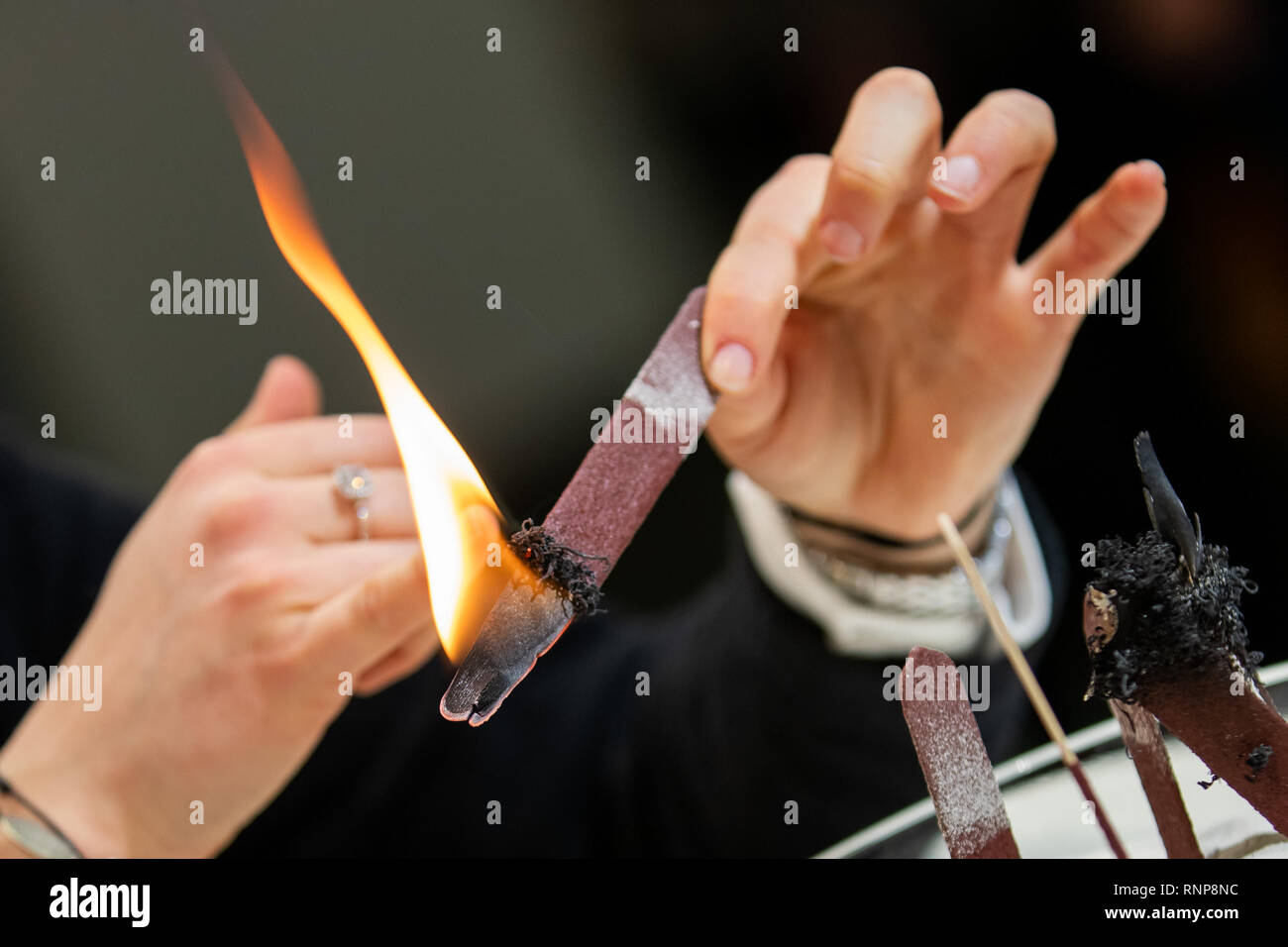 20 February 2019, Bavaria, Nürnberg: An employee of svt Brandschutz GmbH demonstrates the effectiveness of a fire protection coating at the fire protection congress 'Feuertrutz 2019'. A wooden stick, half coated with the product, is set on fire on the uncoated part. The heat causes the intumescent coatings to foam up, thus preventing fire propagation and suffocating the flame. Photo: Daniel Karmann/dpa Stock Photo