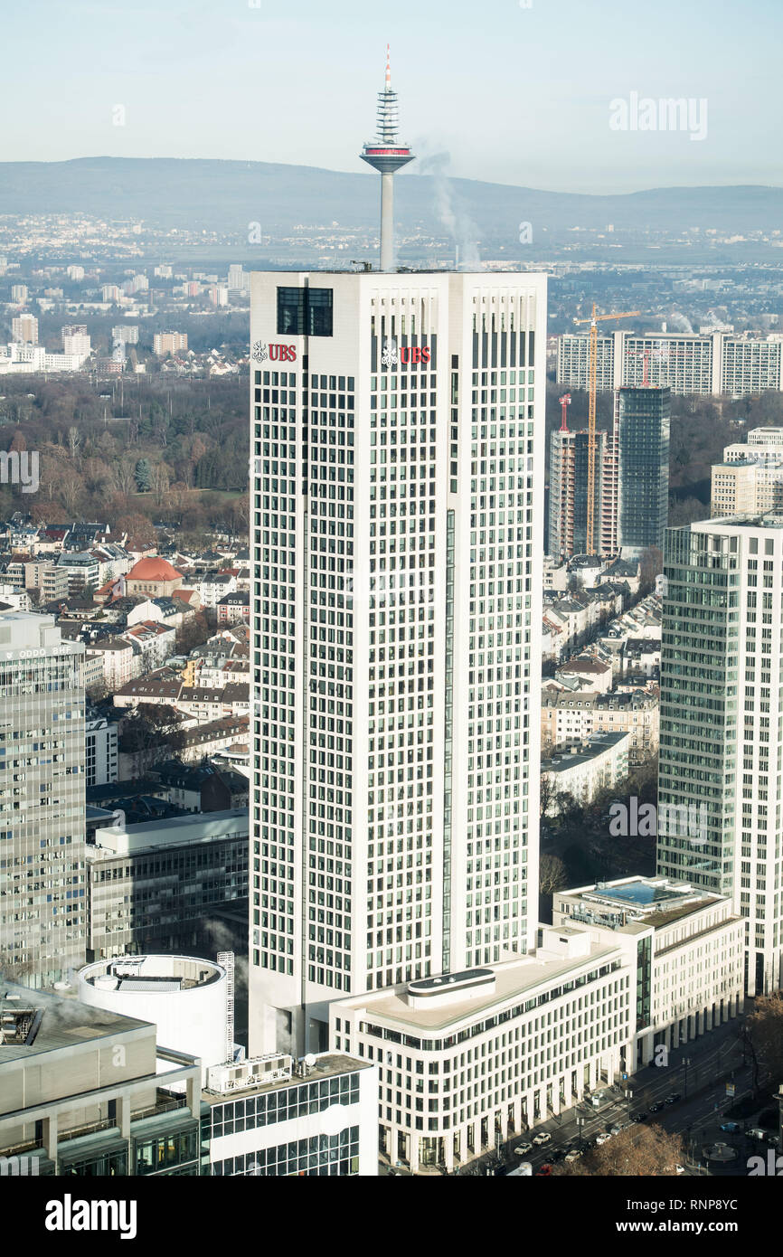 Frankfurt Am Main, Deutschland. 14th Feb, 2019. UBS skyscraper and radio  tower, portrait format, cityscape of Frankfurt, photographed from the 49th  floor of the Commerzbank Towers in Frankfurt on 14.02.2019. | Usage