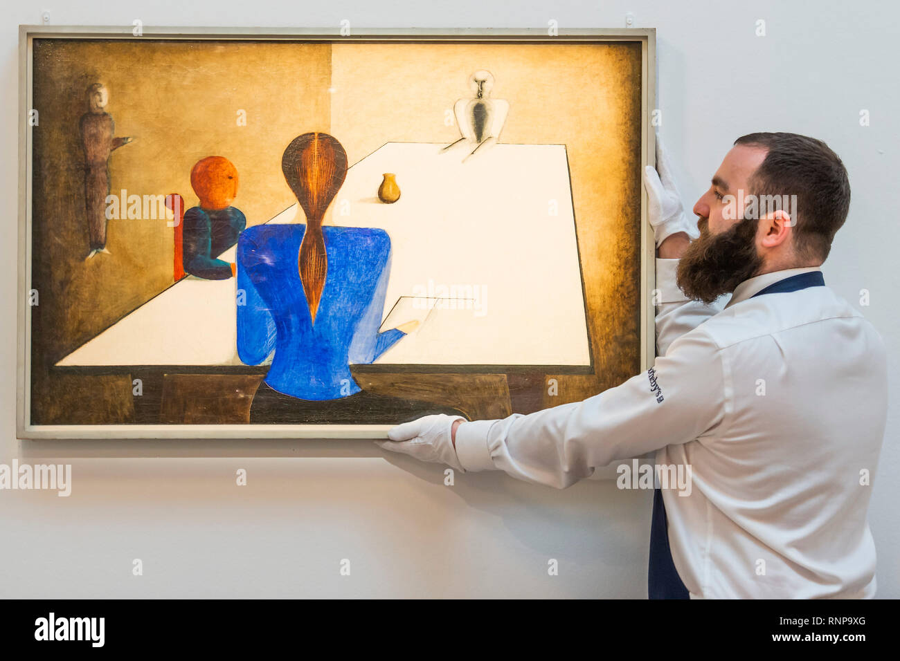 London, UK. 20th Feb, 2019. Tischgesellshaft, 1923, by Oskar Schlemmer, est £1-1.5m - A preview aahead of the Impressionist, Modern & Surrealist Art sales at Sotheby's New Bond Street, London. Credit: Guy Bell/Alamy Live News Stock Photo