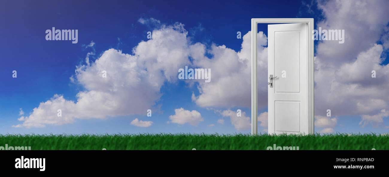 Opened door to blue sky, heaven. Open door on green grass, blue sky background, banner, copy space. 3d illustration Stock Photo