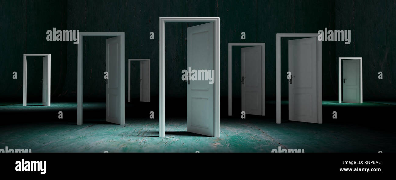 Business open opportunities concept, White doors opened on green weathered background, banner. 3d illustration Stock Photo