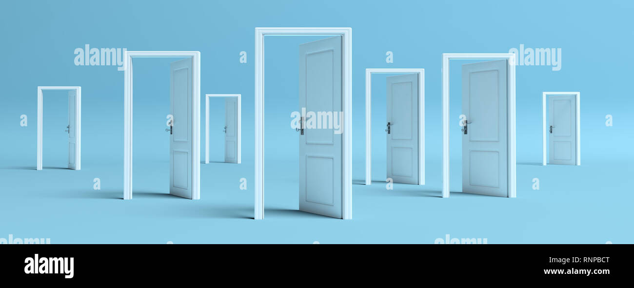 Business open opportunities concept, White doors opened on blue pastel background, banner. 3d illustration Stock Photo