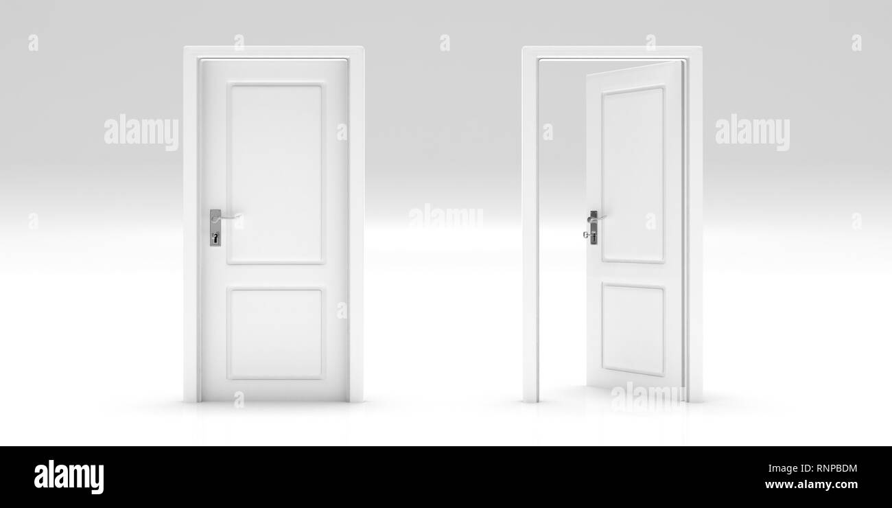 Business opportunity, door open, door closed, Doors set isolated on white background. 3d illustration Stock Photo