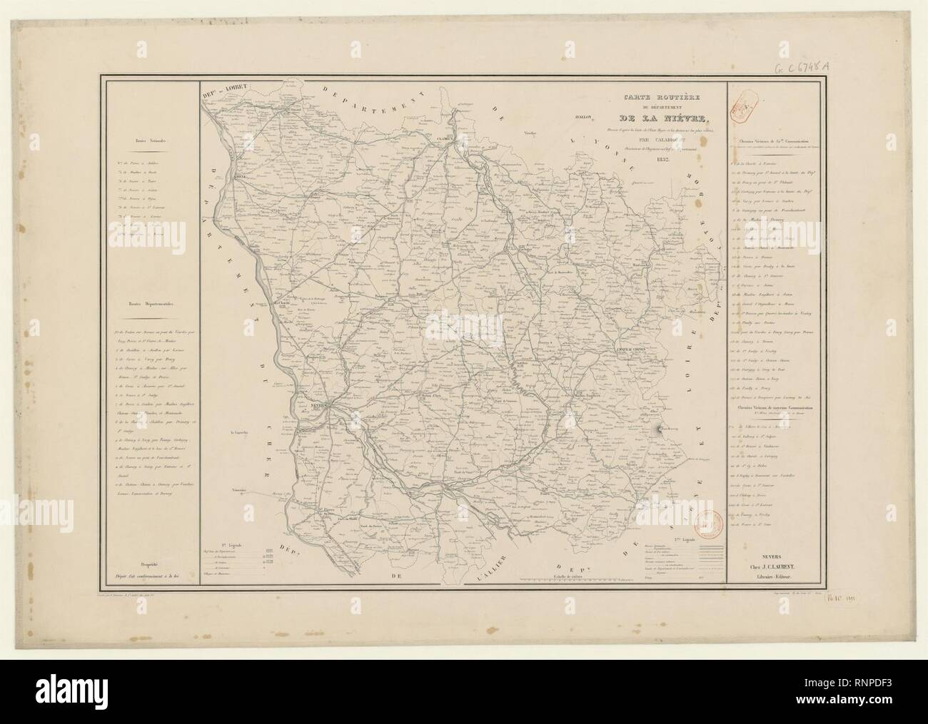Carte routière du département de la Nièvre - 1852 Stock Photo - Alamy