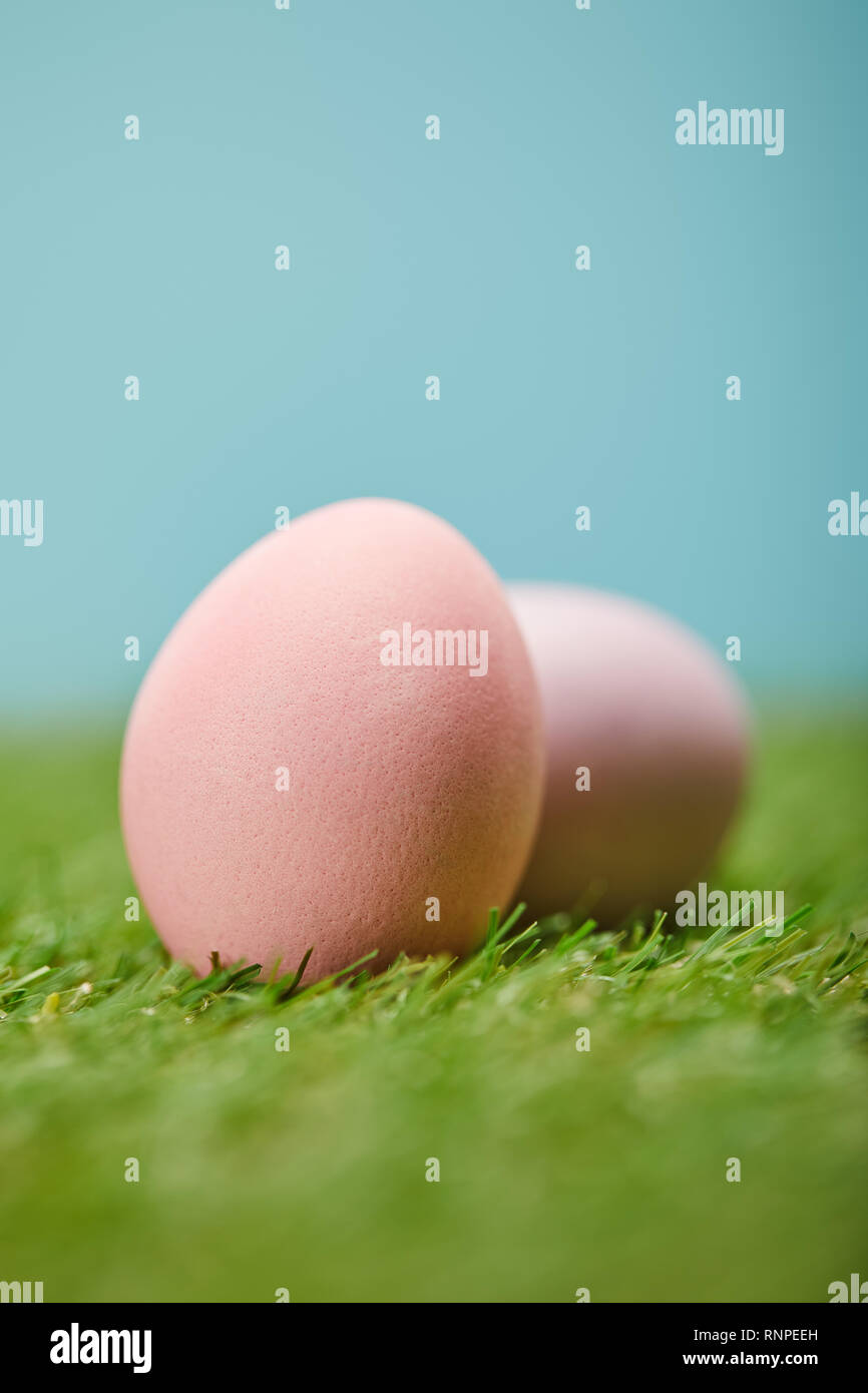 selective focus of easter painted eggs on grass Stock Photo