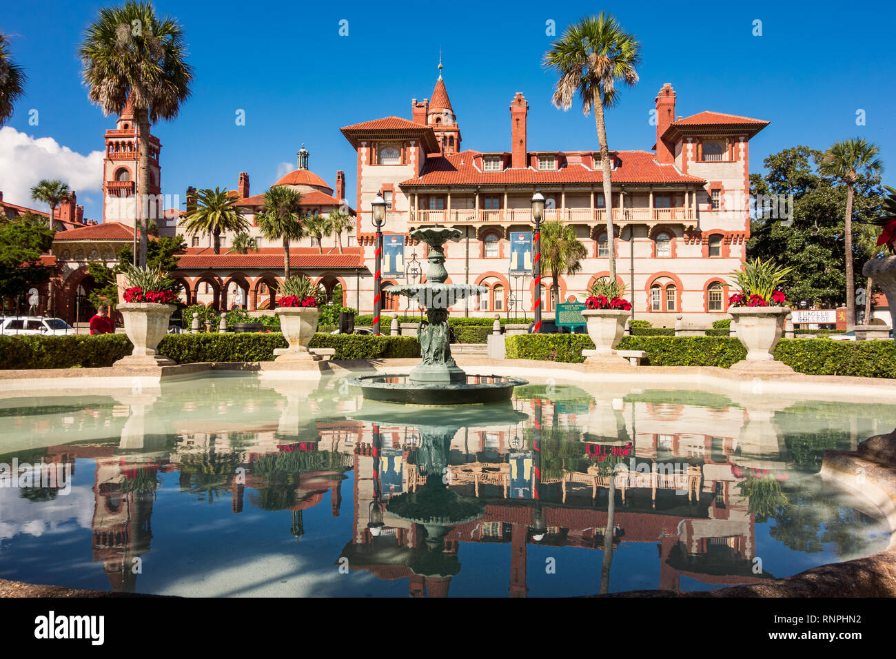 Public park and the ornate Flagler College building in downtown St Augustine, Florida, USA Stock Photo