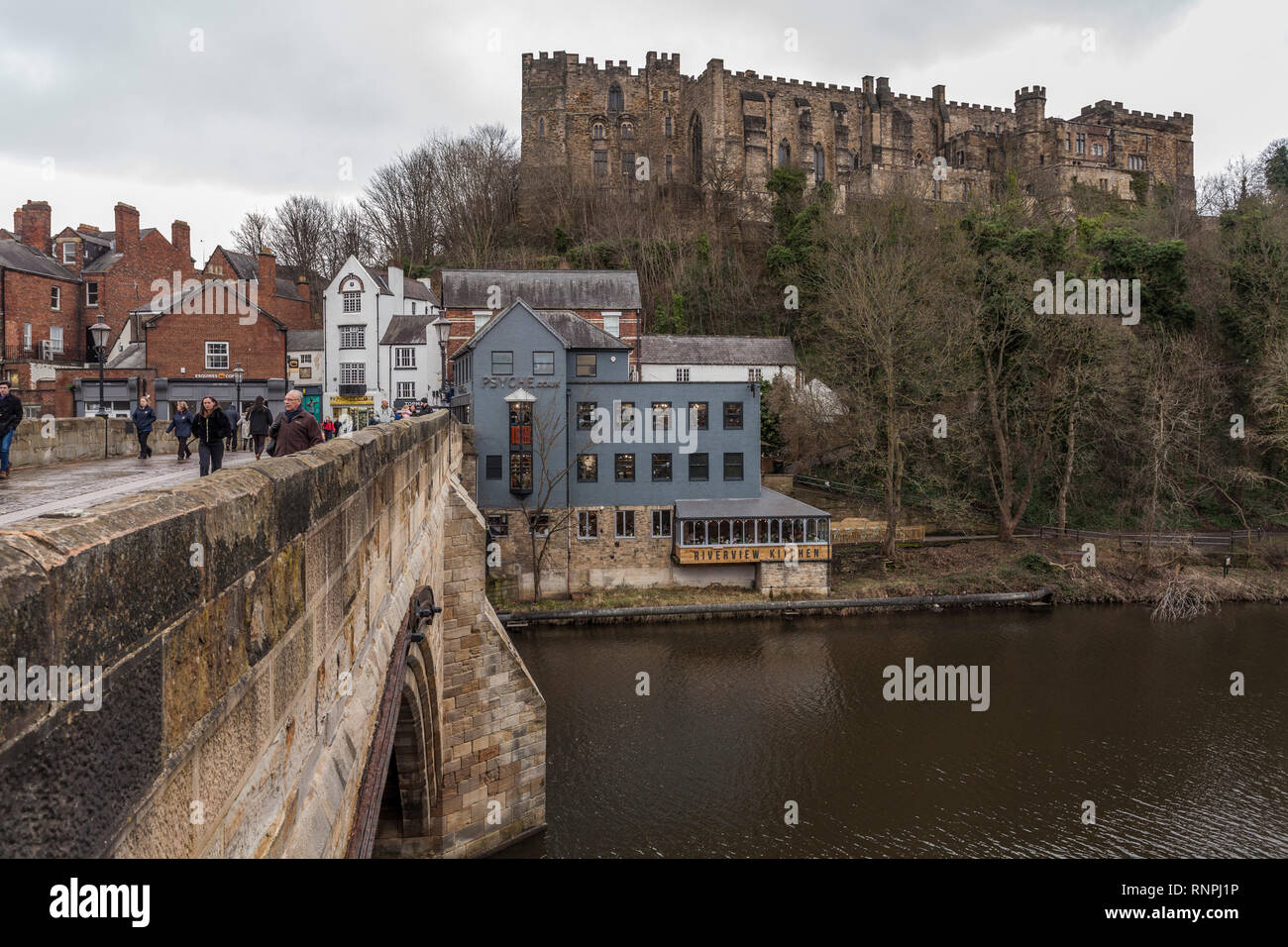 A view across Framwellgate Bridge and the Castle (University College) in the background at Durham,England,UK Stock Photo
