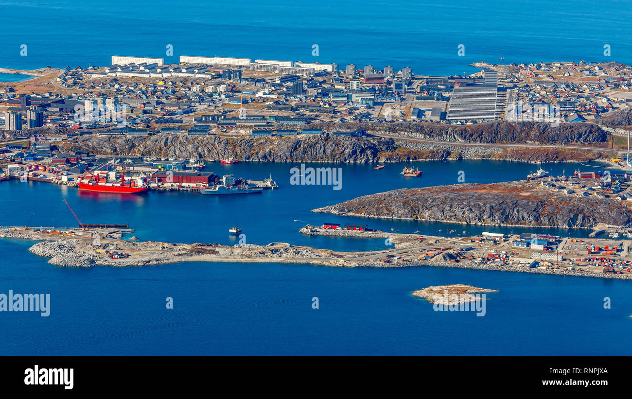 Nuuk city downtown and port panorama view from the top of Store Malene, Greenland Stock Photo