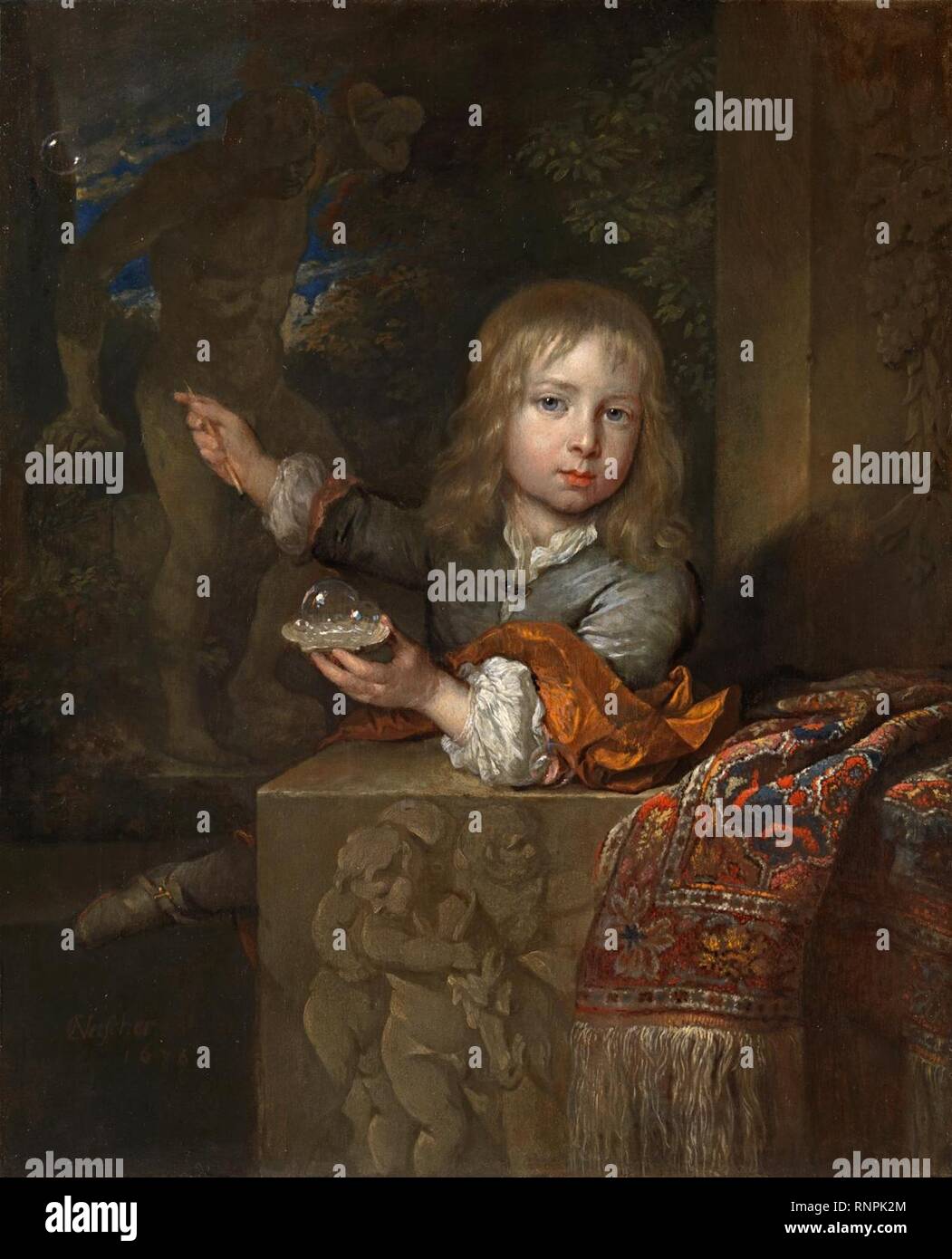 Caspar Netscher - A boy blowing soap bubbles. Stock Photo
