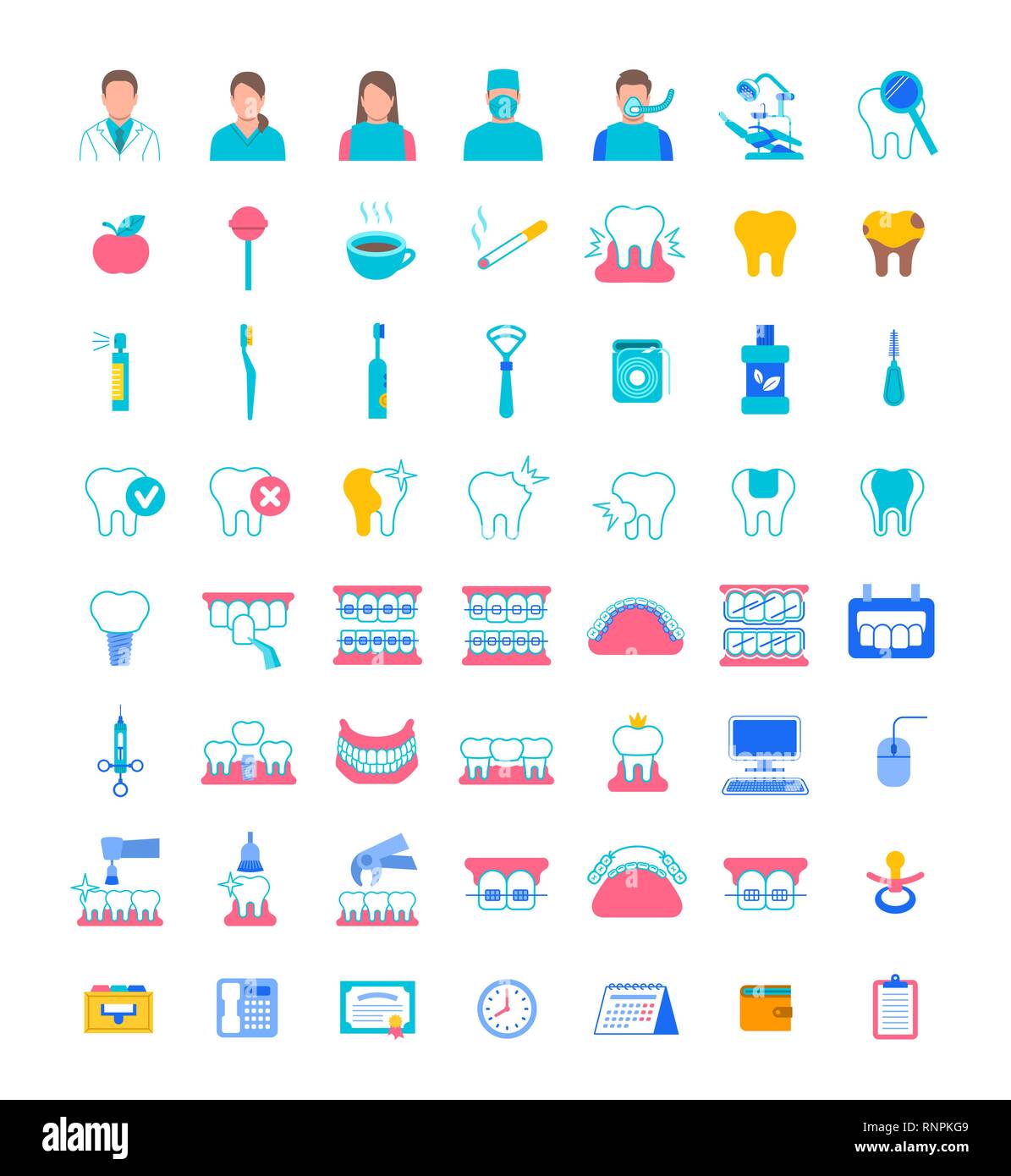 Dentistry icons. Flat color vector signs of dental clinic services. Oral health care concepts. Mouth hygiene, dental implants, surgery, orthodontic. D Stock Vector