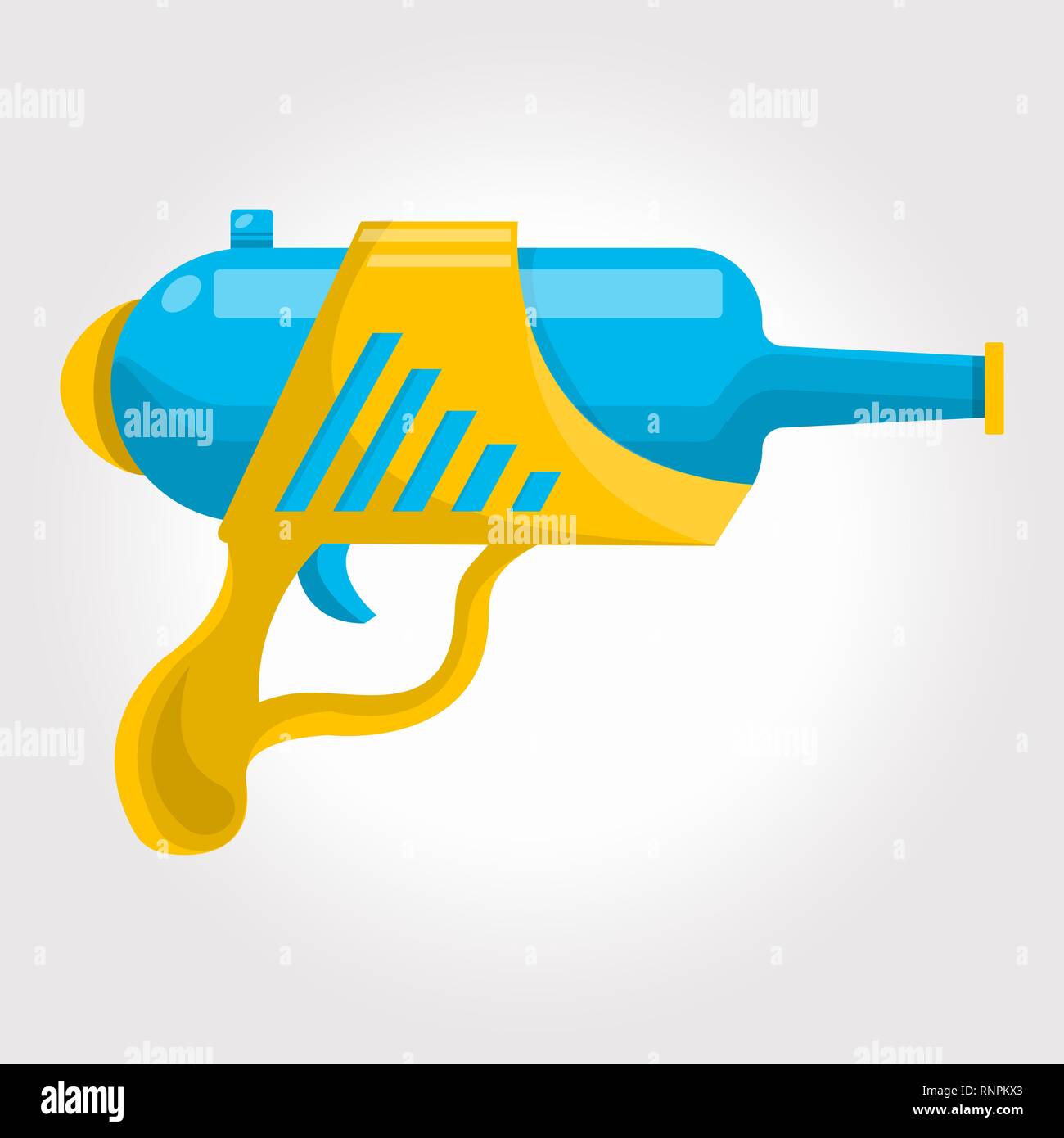 Blue and yellow toy cosmic water gun on a white background. Stock Vector