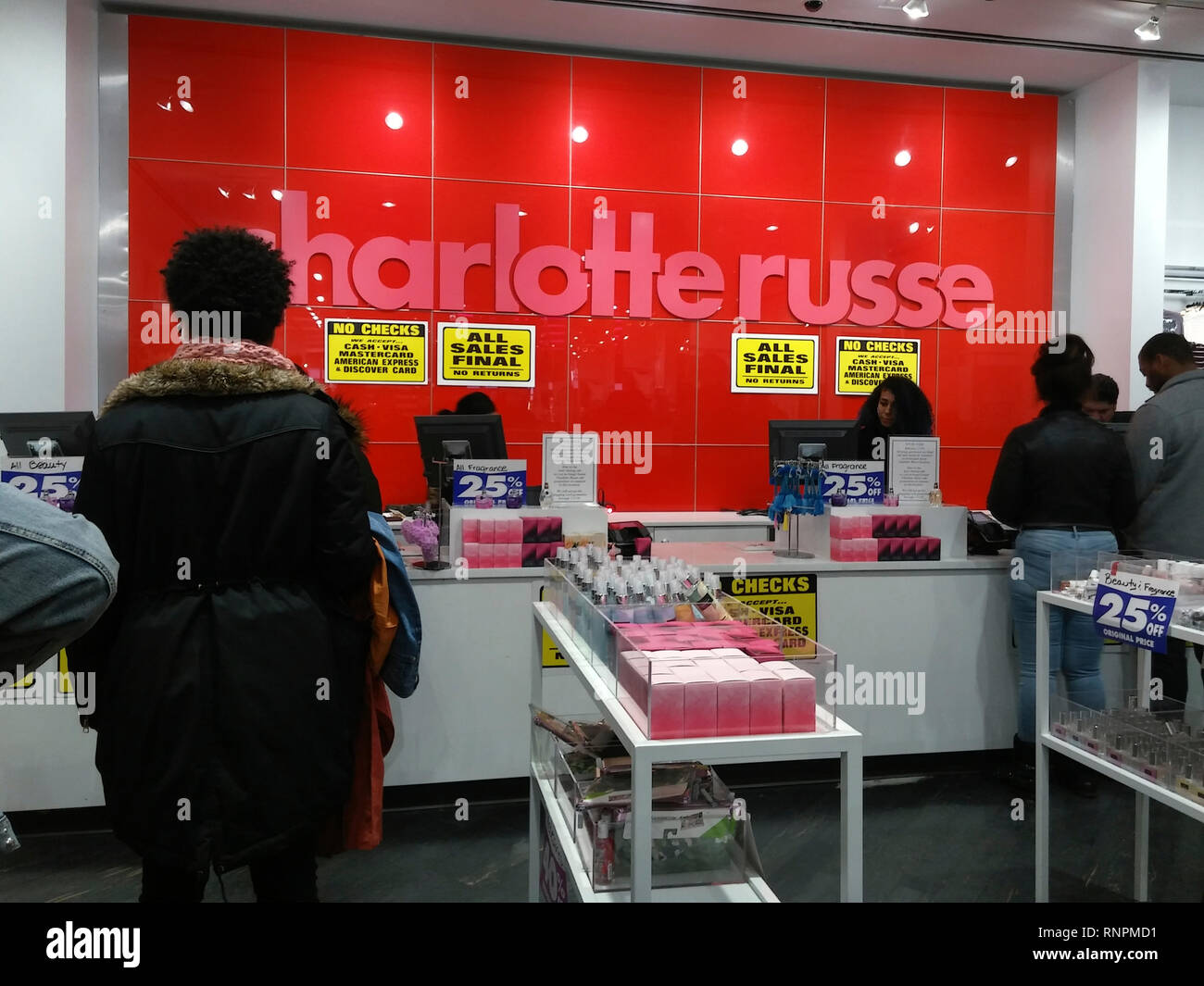 The Charlotte Russe store in Herald Square in New York on Friday, February 15, 2019 displays signs informing shoppers of the discounted merchandise lying within. The chain, which appeals to a younger demographic, filed for chapter 11 bankruptcy protection and is shuttering approximately 94 stores. (Â© Richard B. Levine) Stock Photo