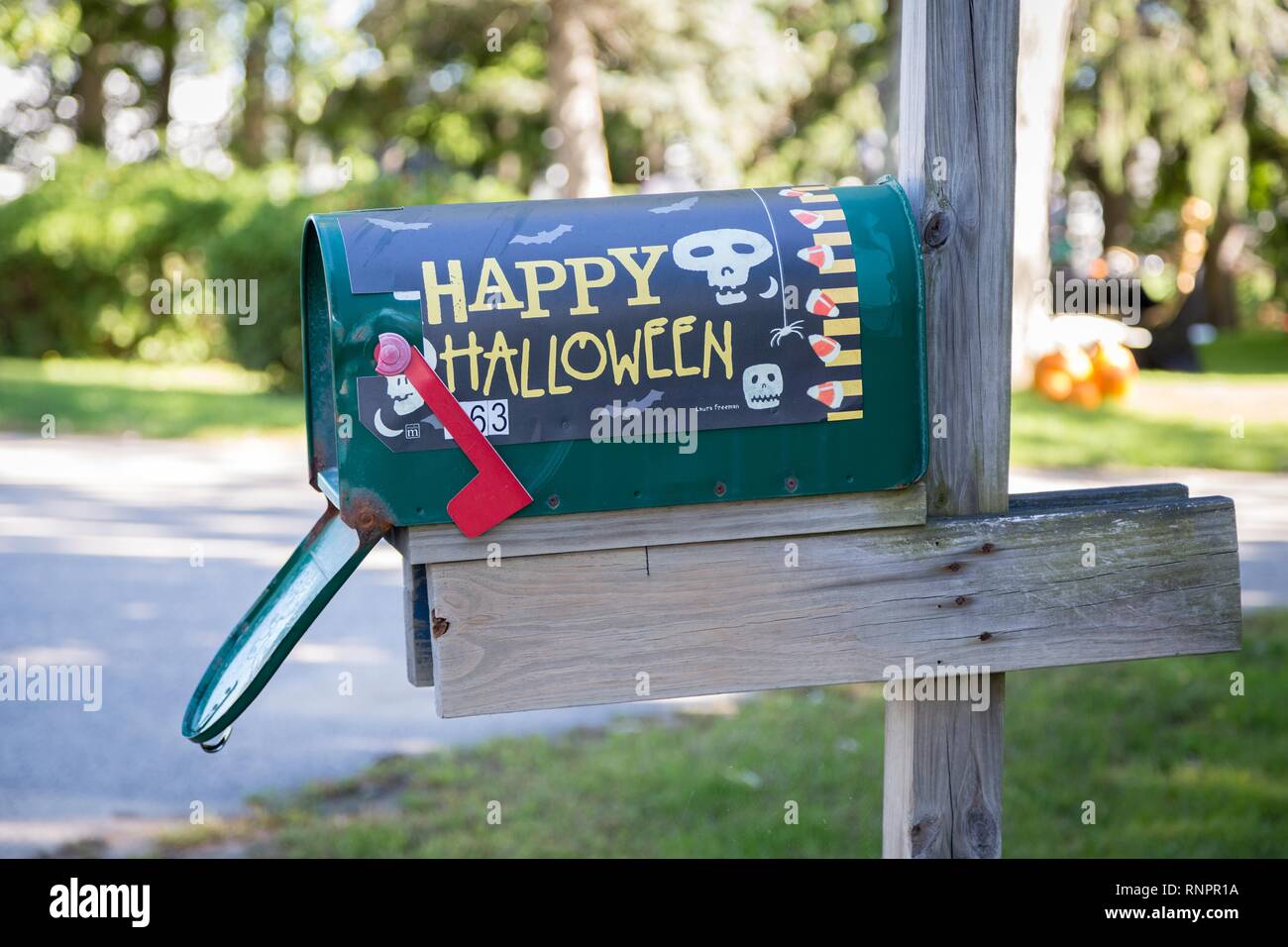 Letterbox with Halloween inscription, Maine, USA Stock Photo