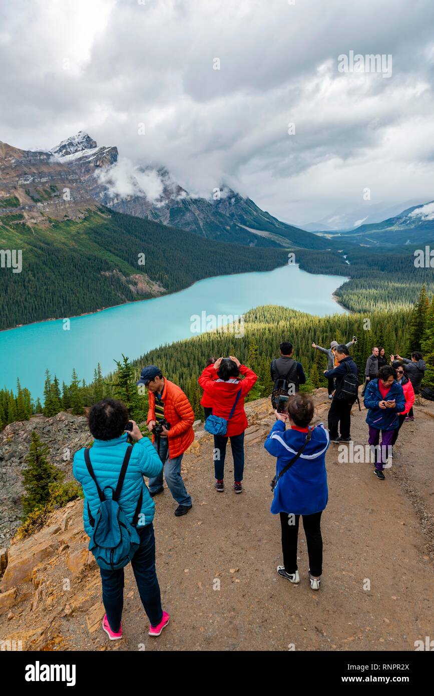 Asian tourists pose for a photo, turquoise lake, Peyto Lake, Rocky Mountains, Banff National Park, Alberta Province, Canada, North America Stock Photo