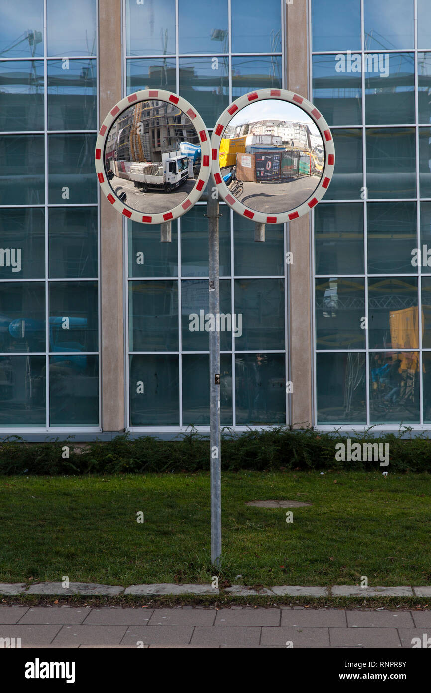 road traffic safety mirror, Cologne, Germany.  Verkehrsspiegel, Koeln, Deutschland. Stock Photo