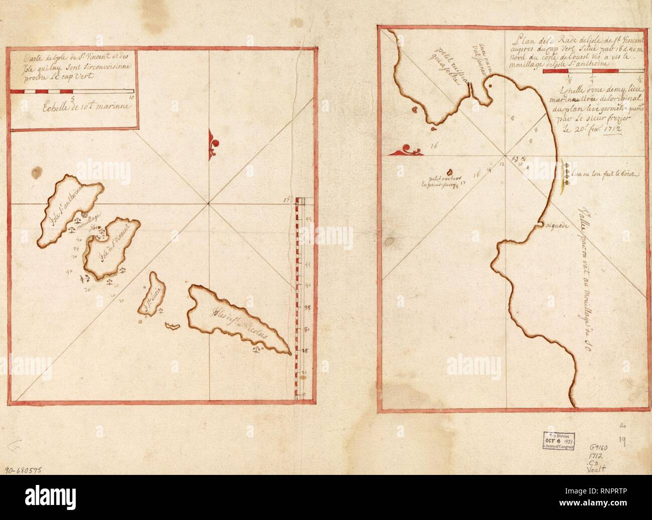 Carte de l'Isle de St. Vincent et des isle quiluq sont sirconvoisinne proche le Cap Vert ; Plan de la rade de l'Isle de St. Vincent aupres du Cap Vert situe pao 16 d. 50 m. nord du coste de l'ouest Stock Photo