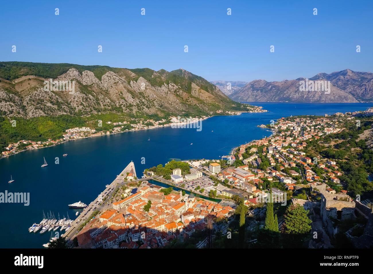 Old town of Kotor and Dobrota, view from fortress Sveti Ivan, bay of Kotor, Montenegro Stock Photo