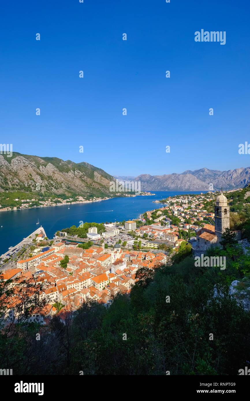 Old town of Kotor, church Gospa od Zdravlja, bay of Kotor, Montenegro Stock Photo