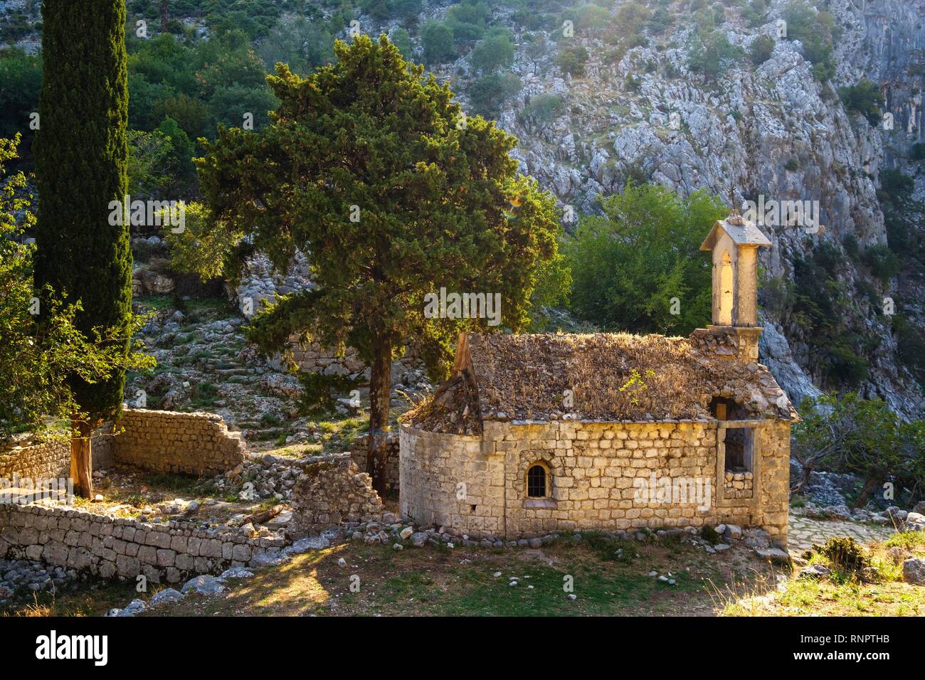 Church ruin Sveti Dorde in Spiljari, near fortress of Kotor, Montenegro Stock Photo