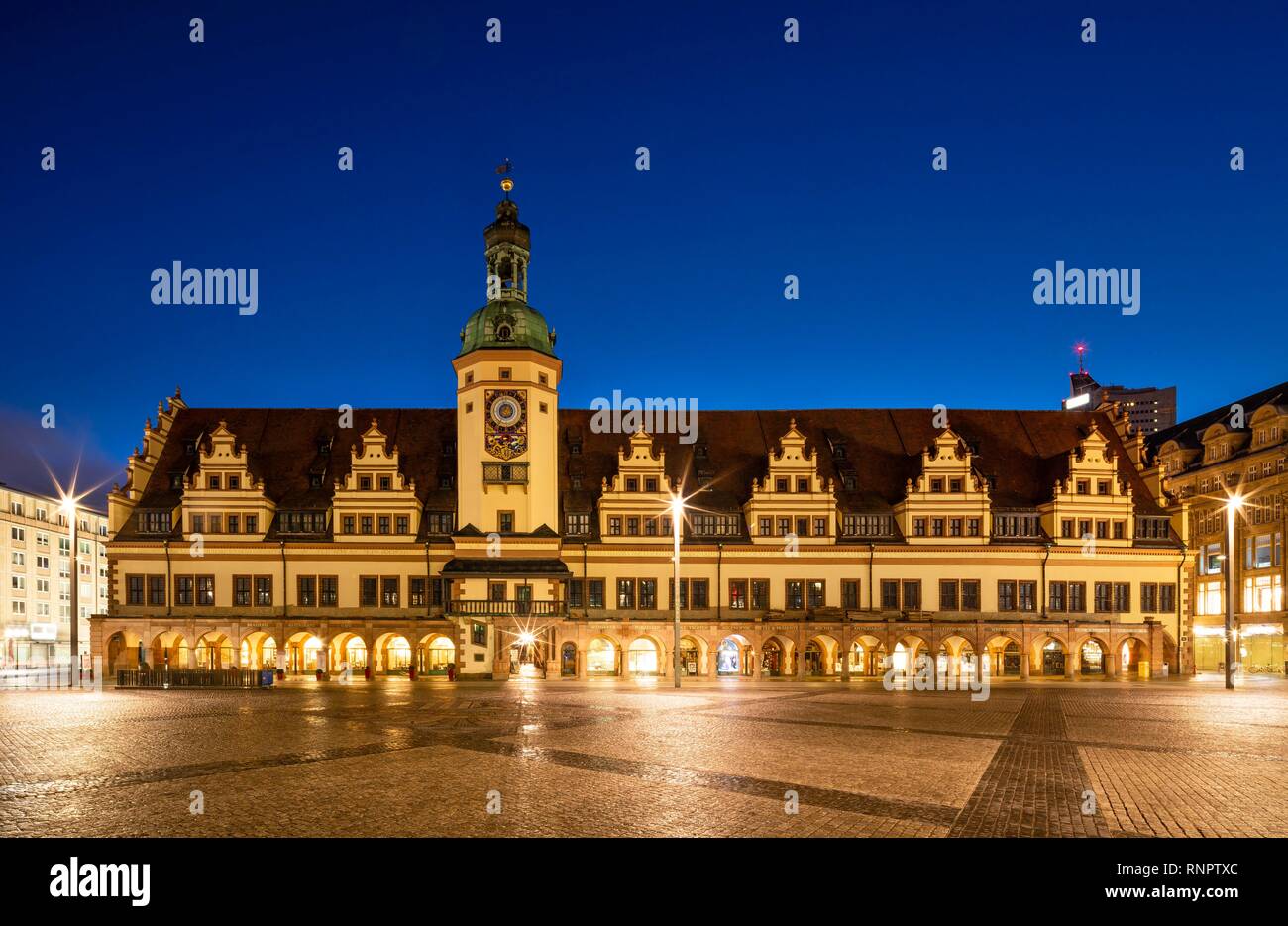Old Town Hall, City History Museum, Market Square, Night Picture, Leipzig, Saxony, Germany Stock Photo