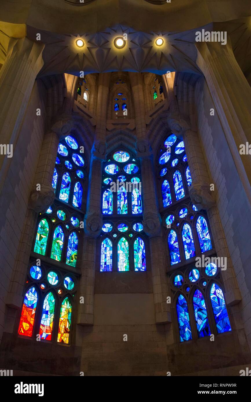 Stained glass windows, church windows, church Sagrada Familia, architect Antoni Gaudí, Barcelona, Catalonia, Spain Stock Photo