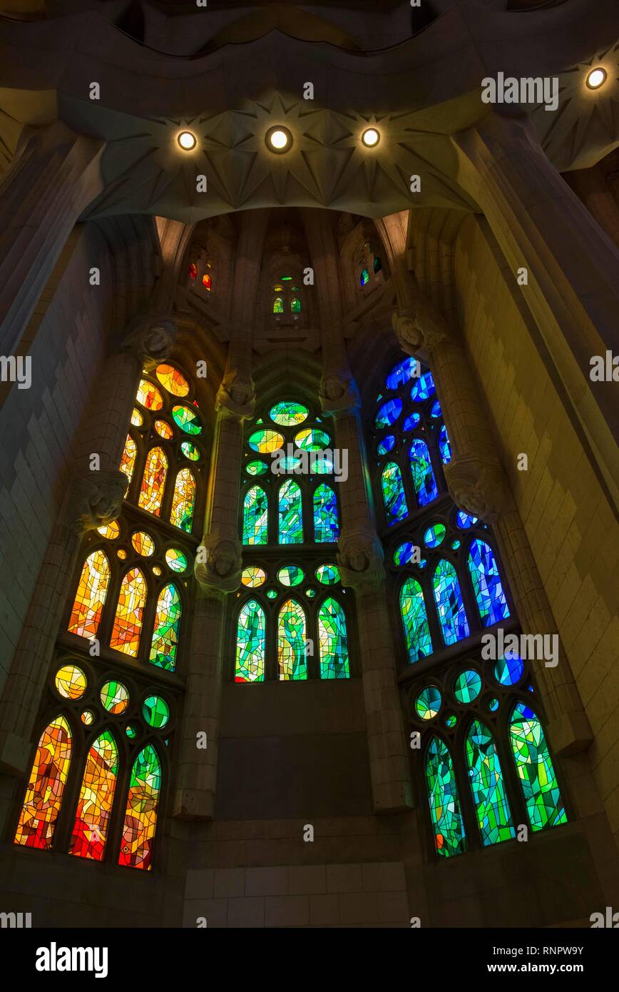 Stained glass windows, church windows, church Sagrada Familia, architect Antoni Gaudí, Barcelona, Catalonia, Spain Stock Photo