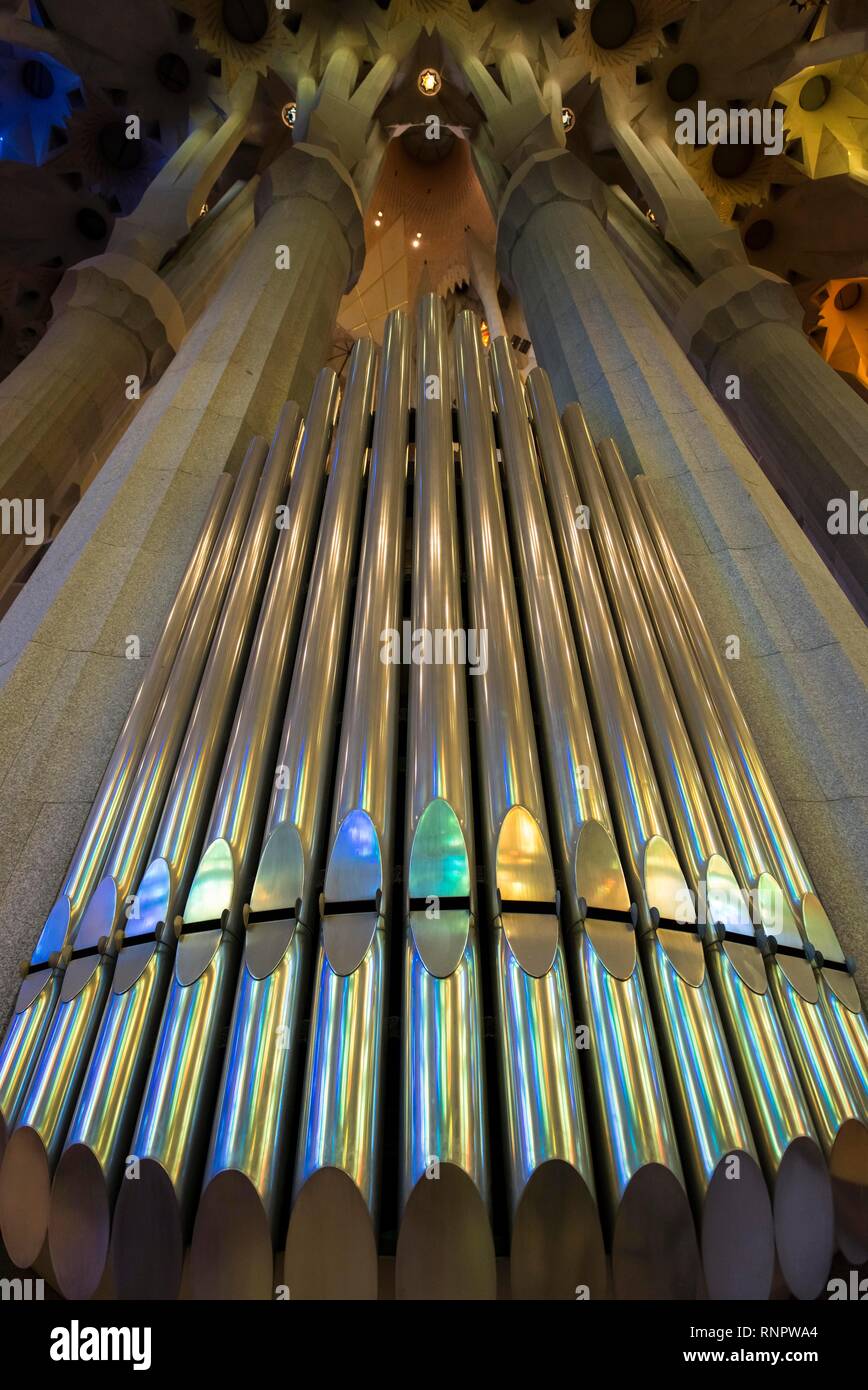 Organ in the church Sagrada Familia, architect Antoni Gaudí, Barcelona, Catalonia, Spain Stock Photo