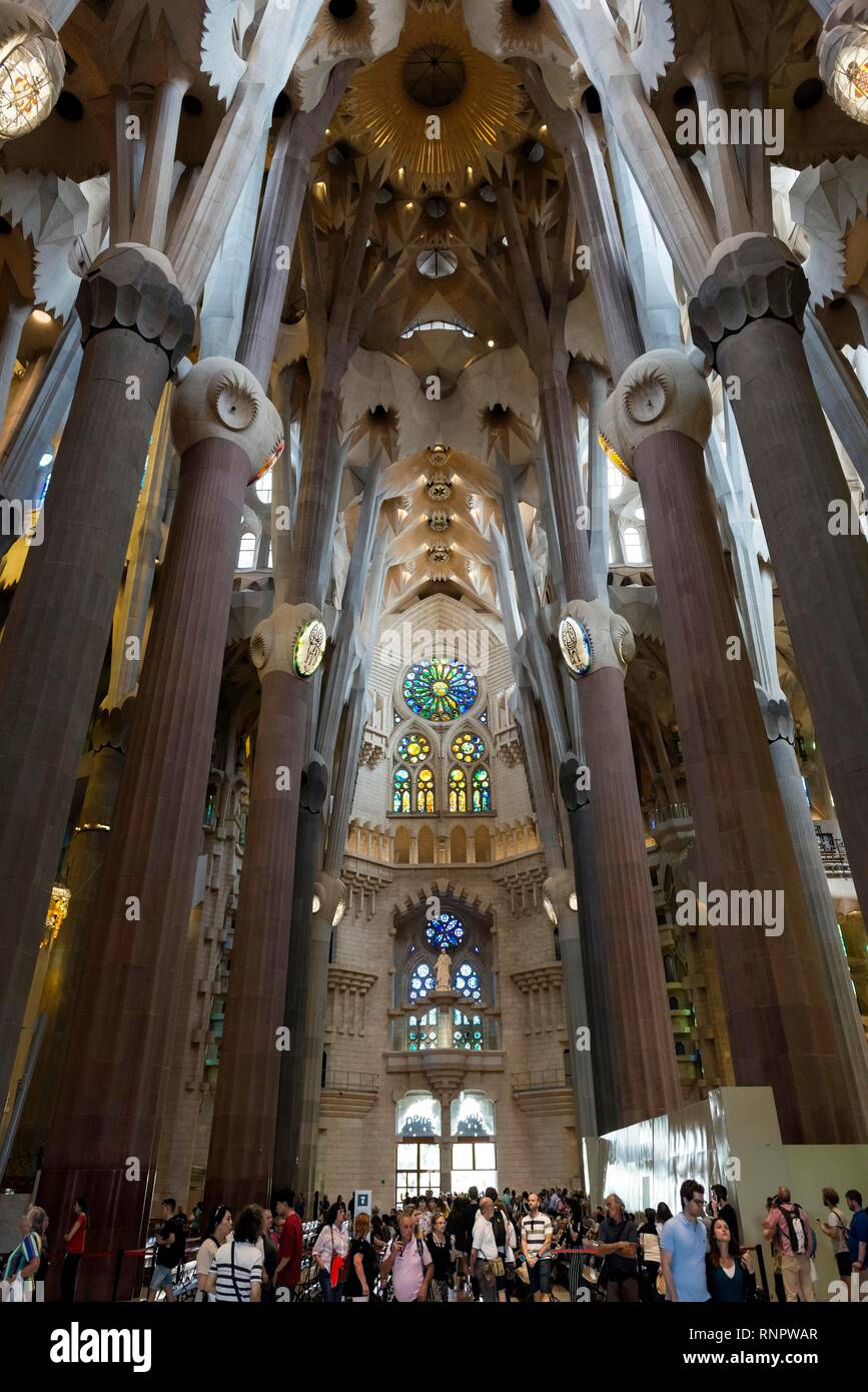 Interior of the church Sagrada Familia, architect Antoni Gaudí, Barcelona, Catalonia, Spain Stock Photo