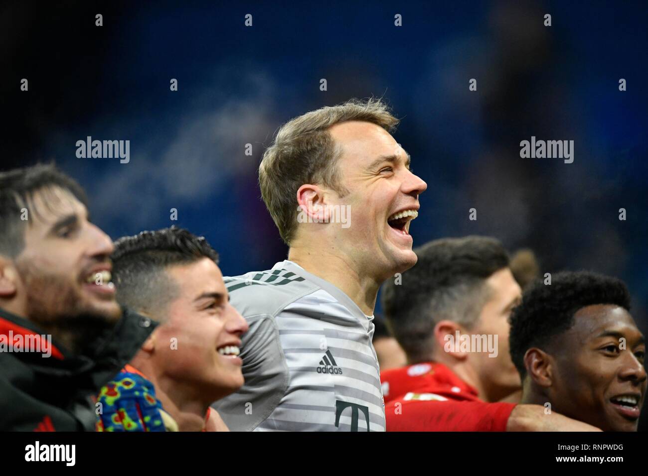 FCB players celebrating, from left Javi Javier Martinez, goalkeeper Manuel Neuer, David Alaba, Robert Lewandowski FC Bayern Stock Photo