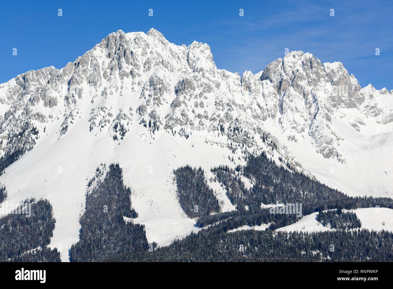 Ellmauer Halt mountain with snow in winter, Wilder Kaiser, Tyrol, Austria Stock Photo