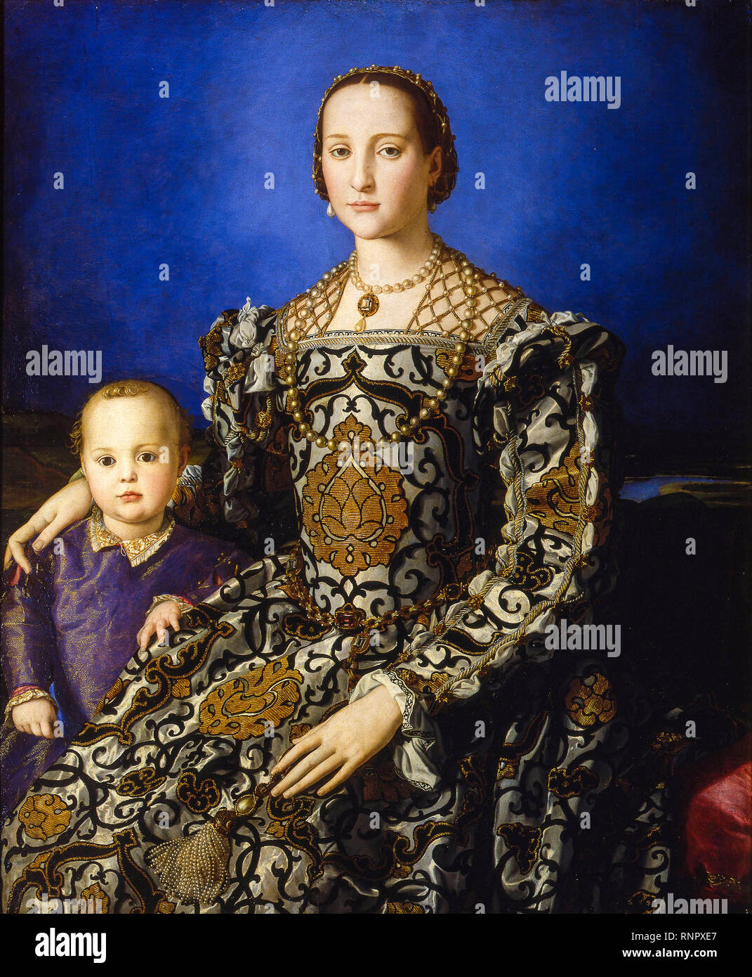 Portrait of Eleanor of Toledo with her son Giovanni de' Medici by Bronzino, painting in oil on panel, circa 1544 Stock Photo