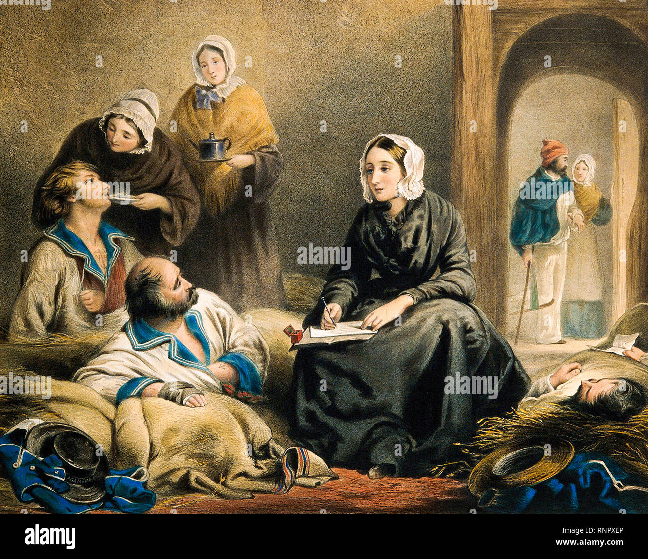 Florence Nightingale at work in the Therapia Hospital, Turkey during the Crimean War, portrait, print, 19th Century Stock Photo