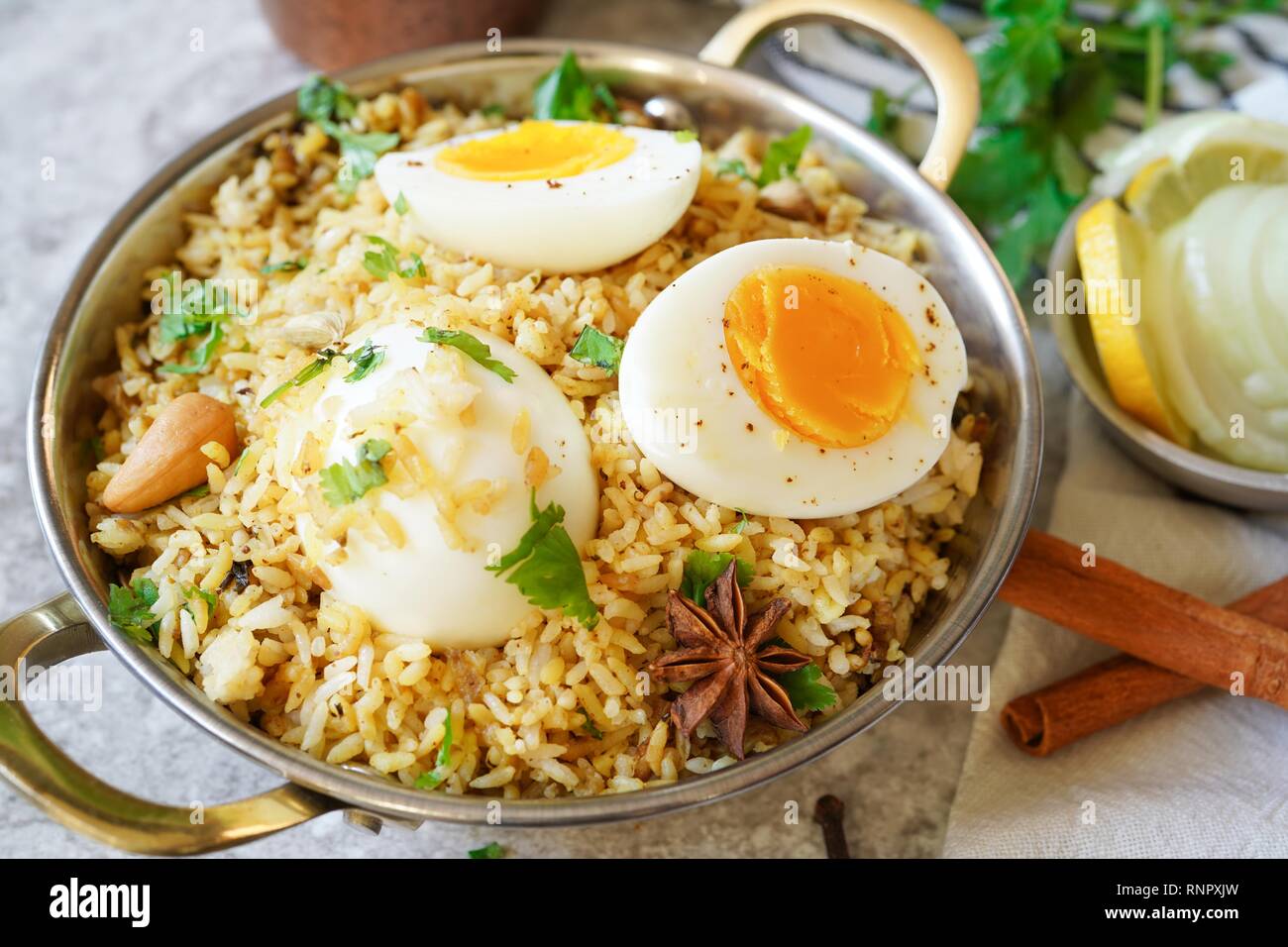 Homemade Egg Biryani / Pilaf or Pulav /Spicy Chettinadu Dindigul Malabar rice Pulao Stock Photo