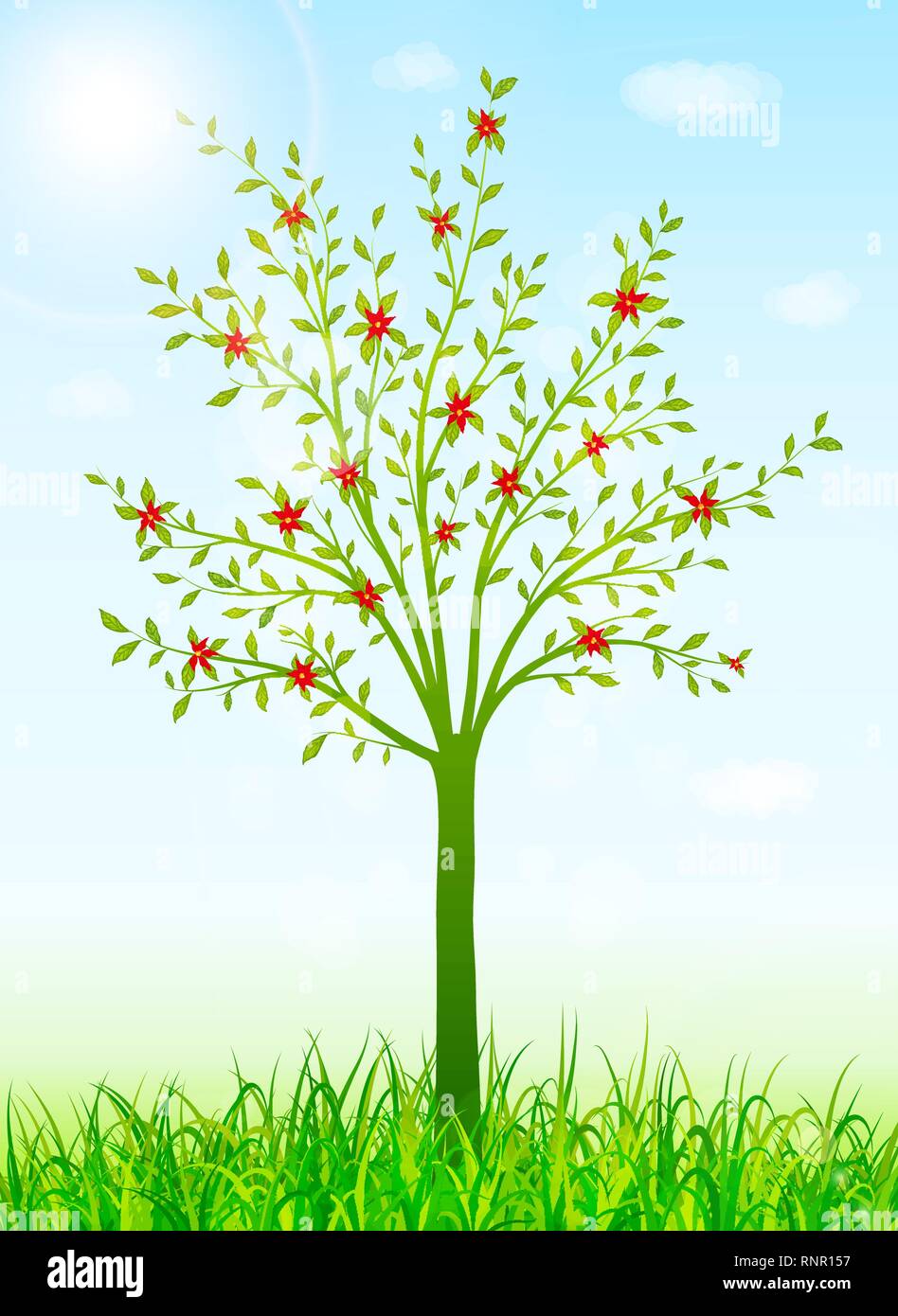 Green spring background with tree and grass vector Stock Vector Image ...