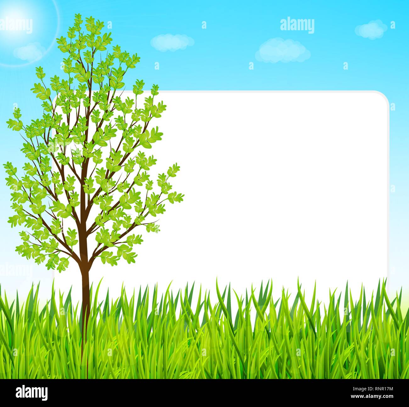 Nature background with green grass, tree and blue sky vector Stock Vector  Image & Art - Alamy