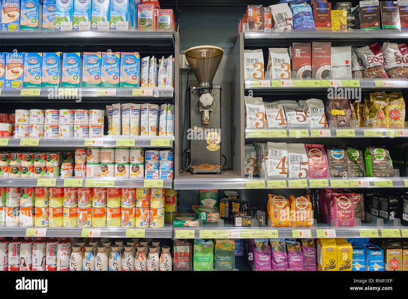 MACAO, CHINA - FEBRUARY 17, 2016: inside of a food store in Macao. Macao is an autonomous territory on the western side of the Pearl River Delta, Chin Stock Photo