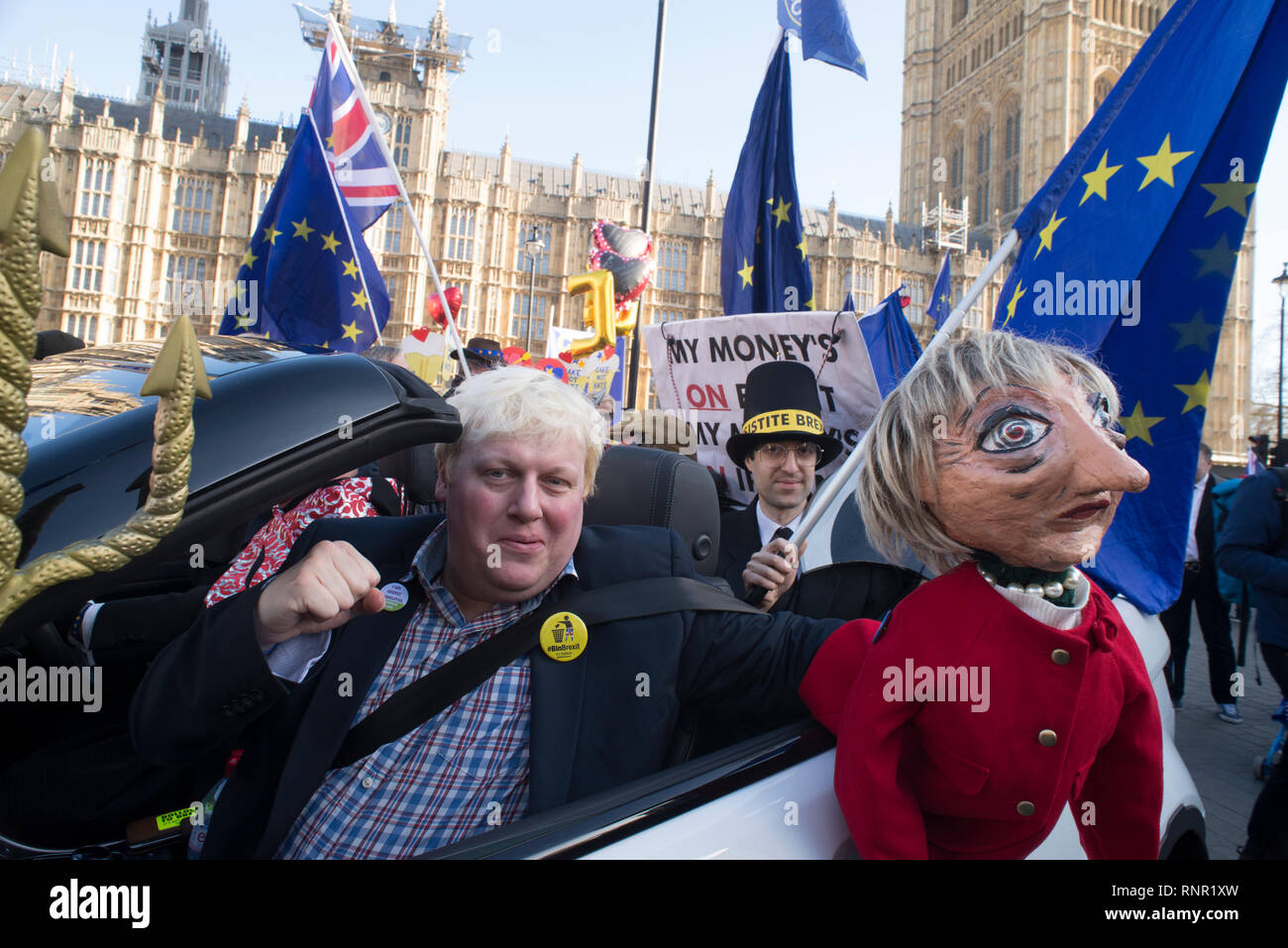 The Devil, 'Nigel Farage', 'Jacob Rees Mogg' and 'Boris Johnson' (Faux Bojo) at the SODEM, St Valentines Day, Cake Not Hate event. Opposing Brexit. Stock Photo