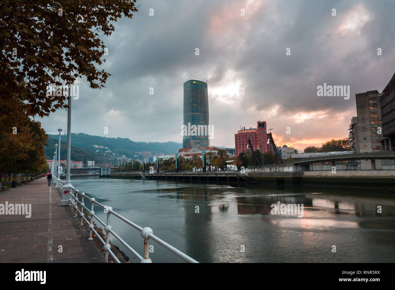 Morning walk along river in Bilbao Stock Photo