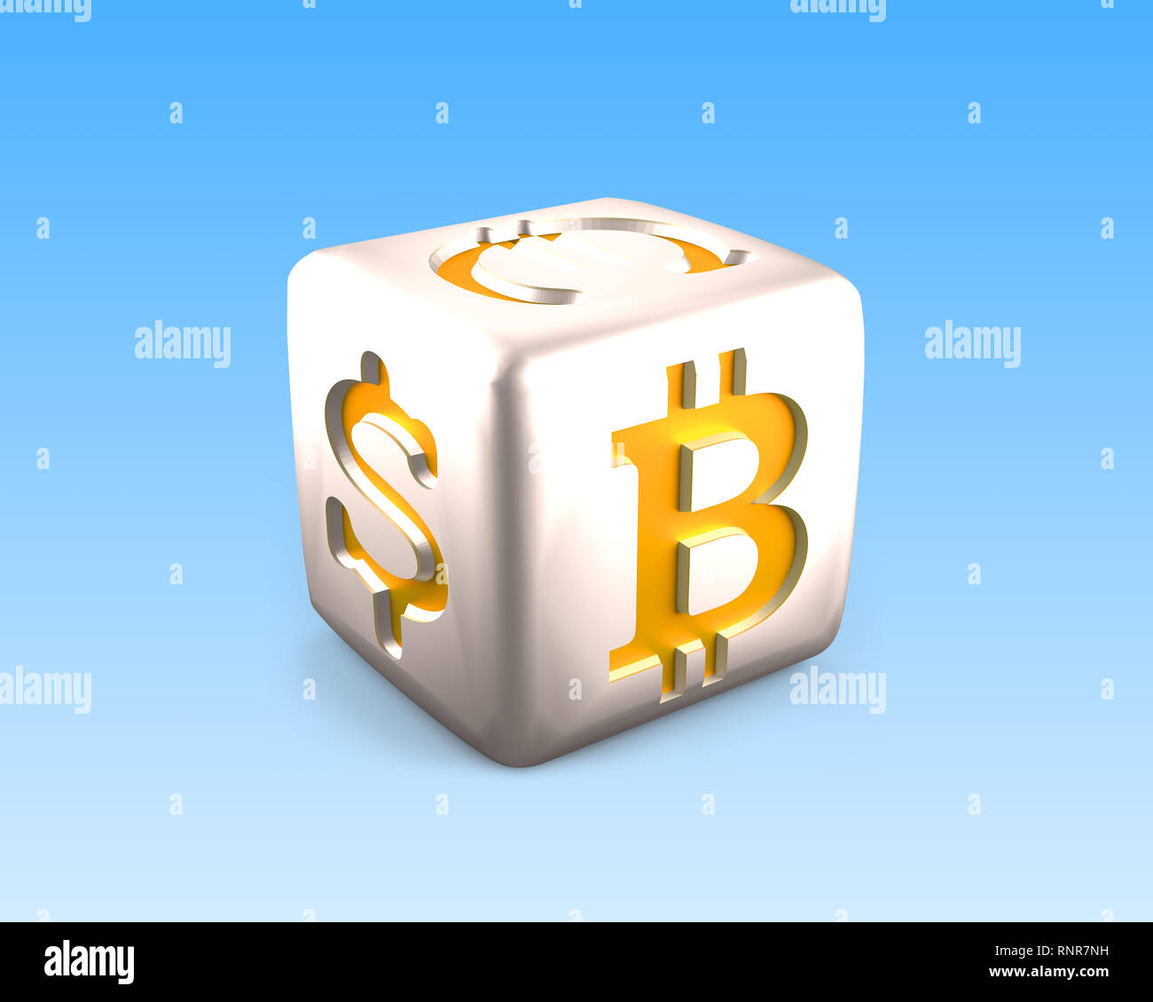 Currency selection concept, one white dice with gold USD, Euro and bitcoin  symbols, isolated on blue background, 3D illustration Stock Photo - Alamy