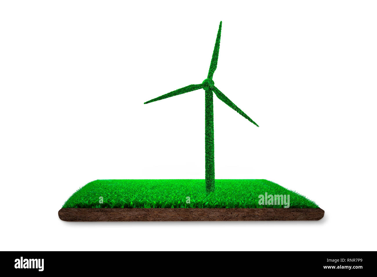 Concept of ECO, green energy and circular economy, green grass in wind turbine shape on grass land with mud, isolated on white background, 3D illustra Stock Photo