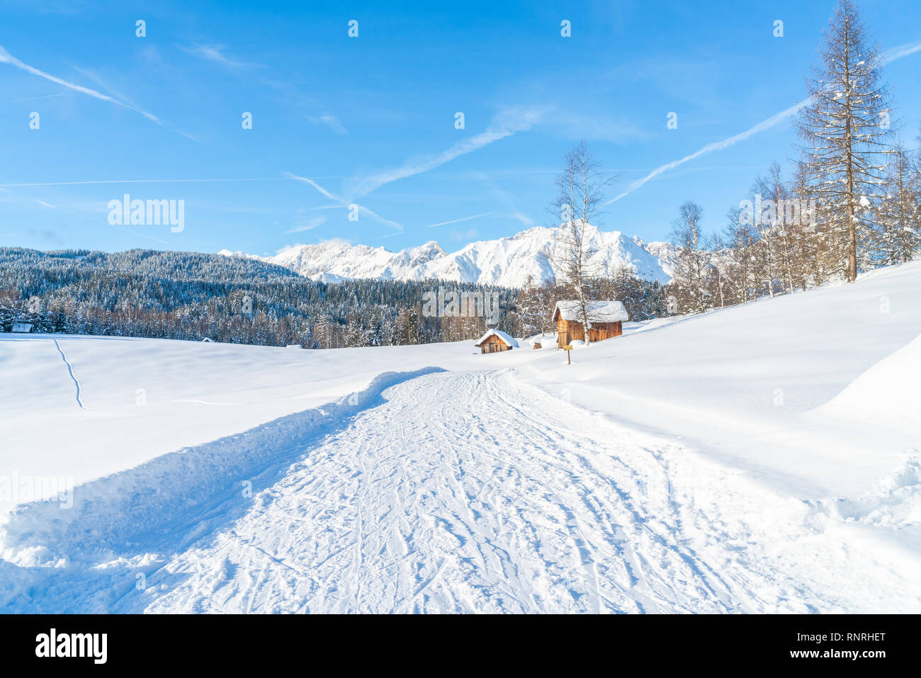 Winter landscape with with snow covered Alps in Seefeld in the Austrian state of Tyrol. Winter in Austria Stock Photo