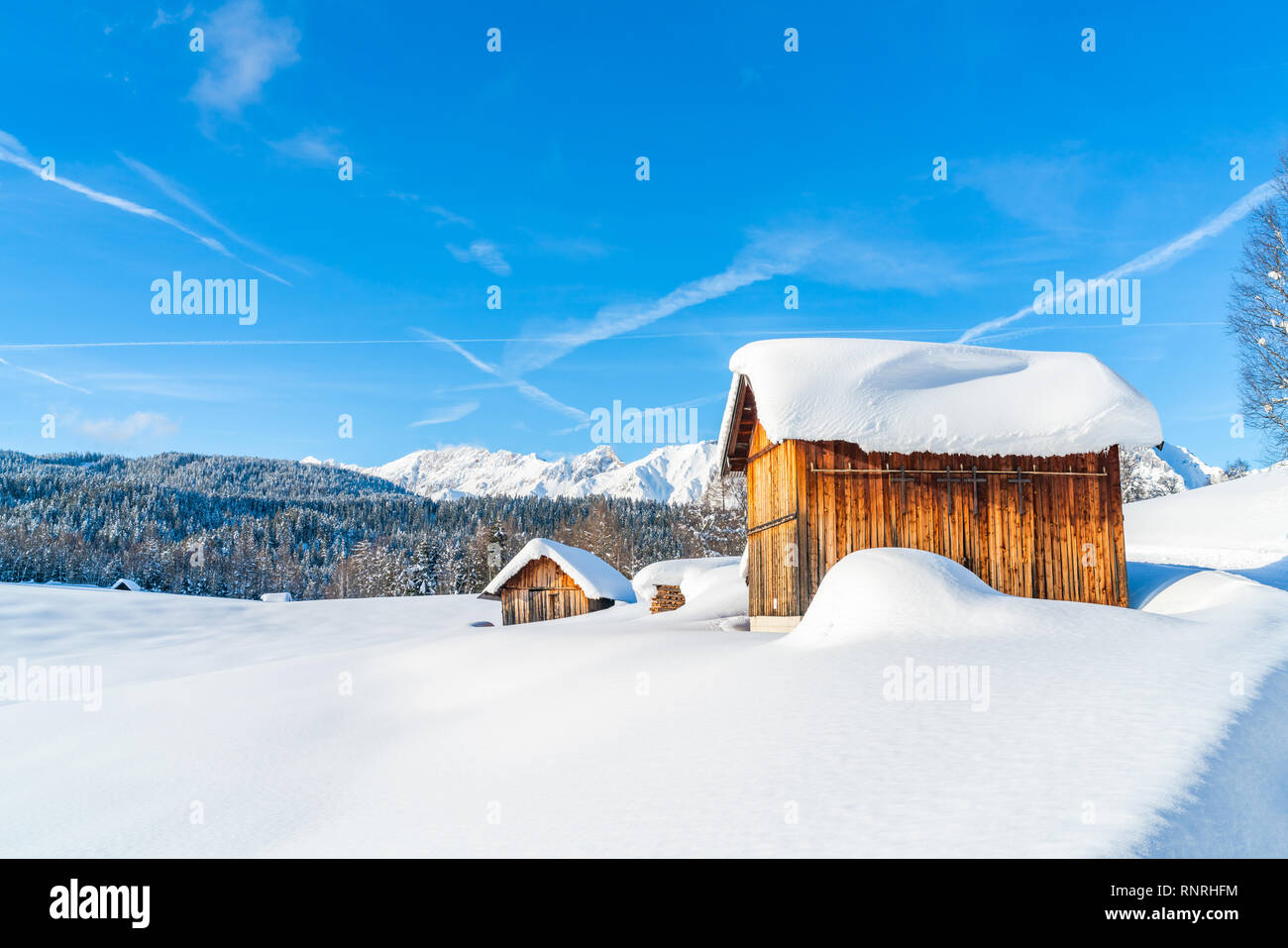 Winter landscape with with snow covered Alps in Seefeld in the Austrian state of Tyrol. Winter in Austria Stock Photo