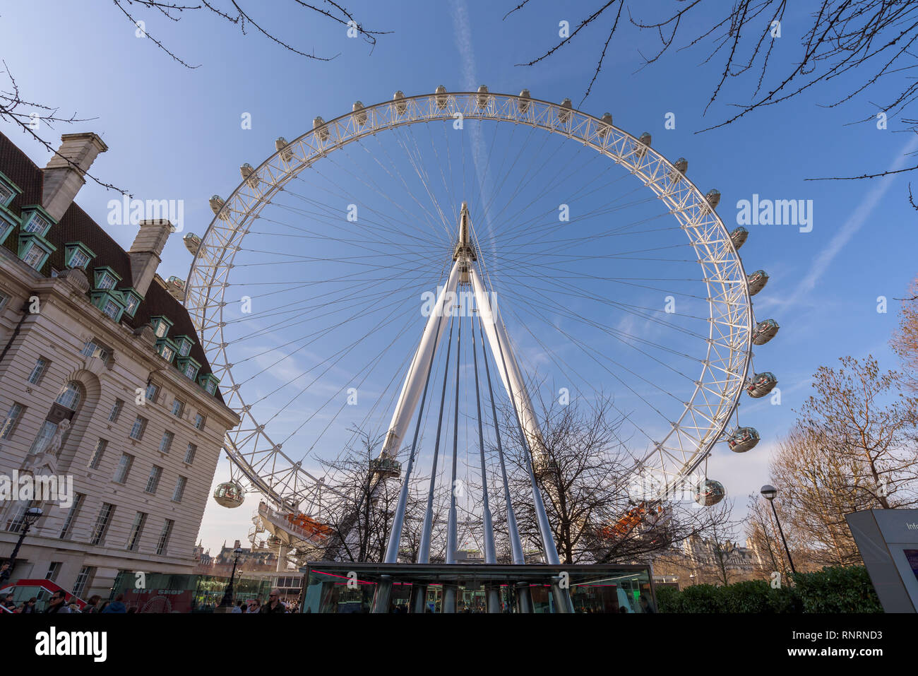 Wide angle fisheye low view of the Coca Cola London Eye, famous ferris
